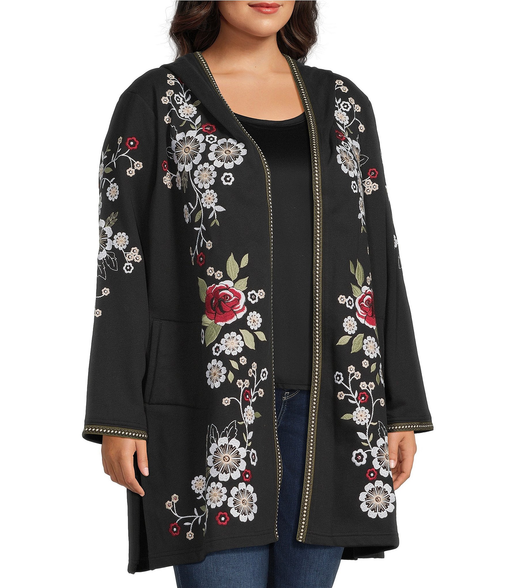 John Mark Plus Size Embroidered Beaded Long Sleeve Open-Front Hooded Cardigan