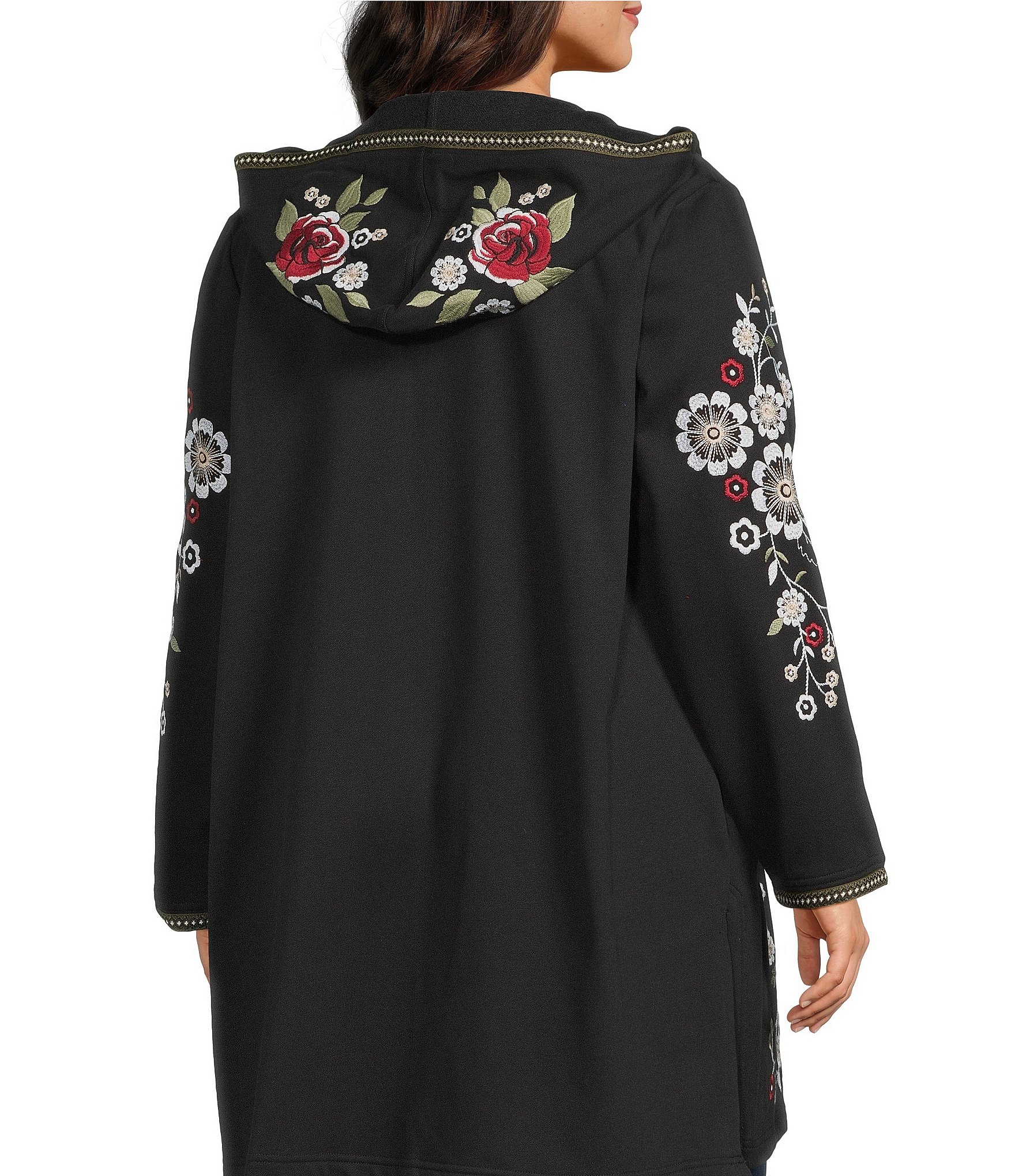 John Mark Plus Size Embroidered Beaded Long Sleeve Open-Front Hooded Cardigan