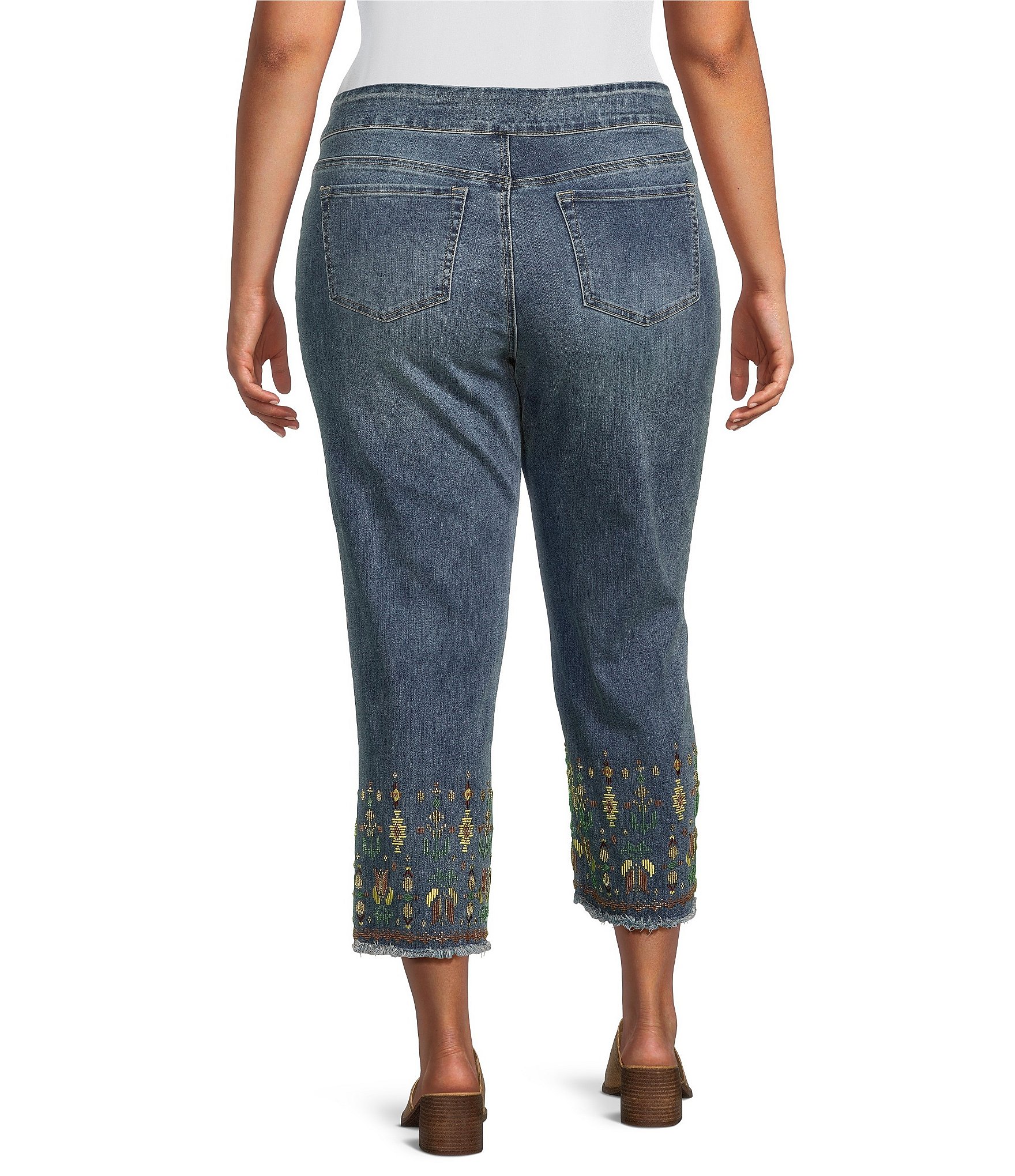 John Mark Plus Size Embroidered Floral Frayed Hem Straight Leg Jeans