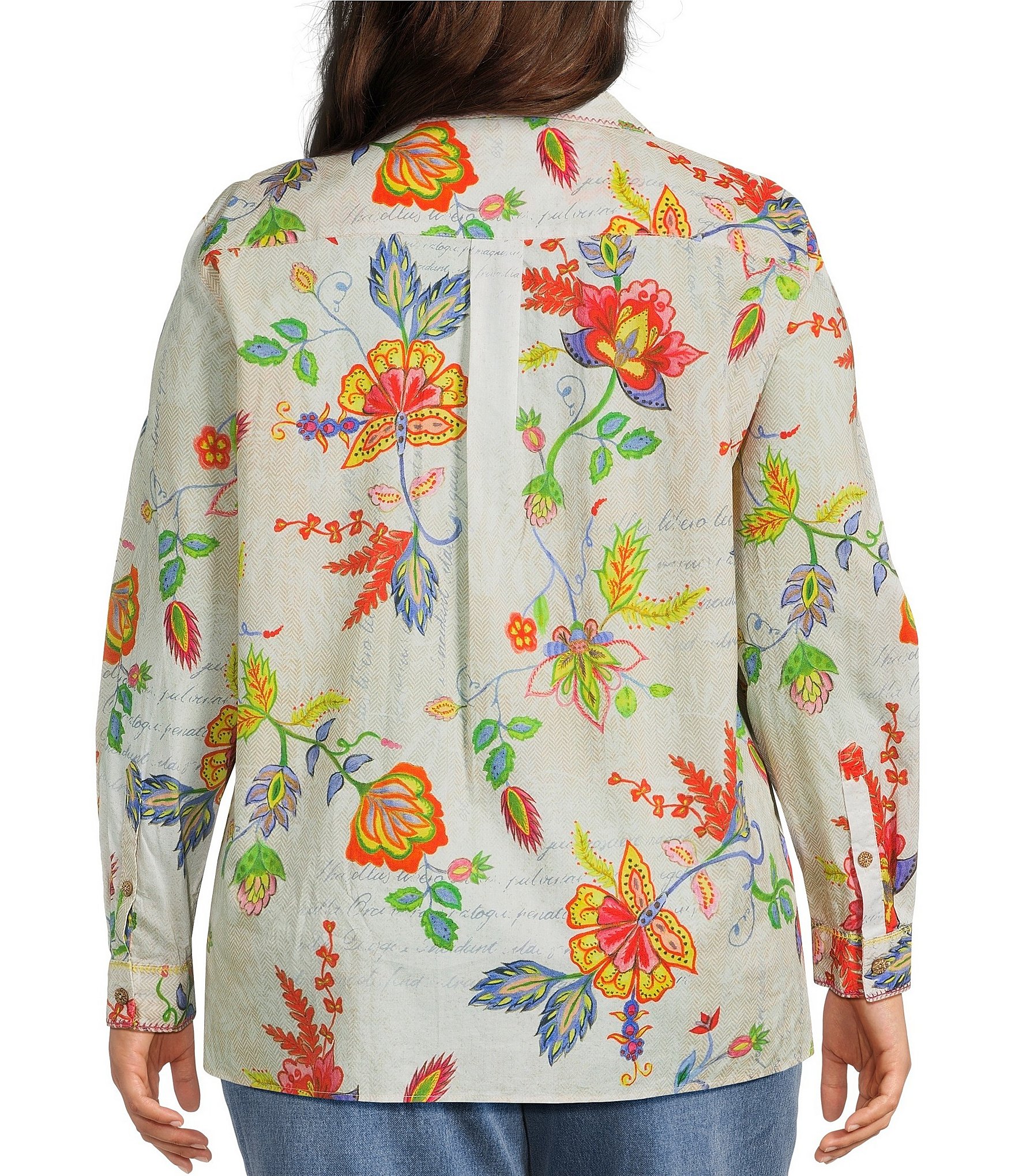 John Mark Plus Size Embroidered Floral Point Collar Long Roll-Tab Sleeve Button Front Blouse