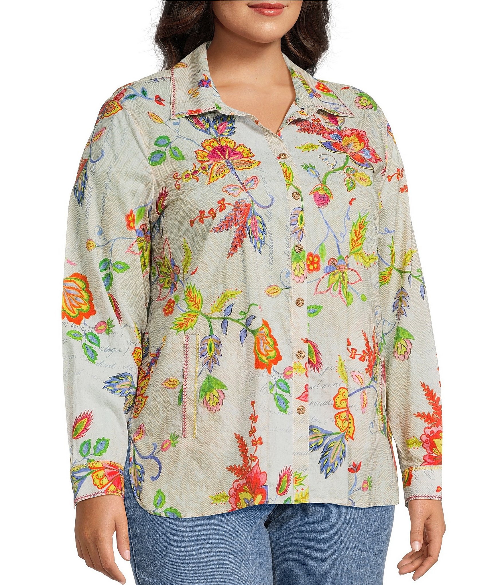 John Mark Plus Size Embroidered Floral Point Collar Long Roll-Tab Sleeve Button Front Blouse