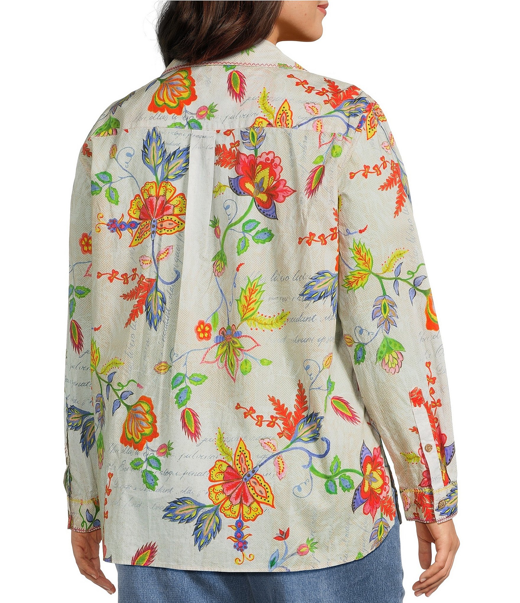 John Mark Plus Size Embroidered Floral Point Collar Long Roll-Tab Sleeve Button Front Blouse
