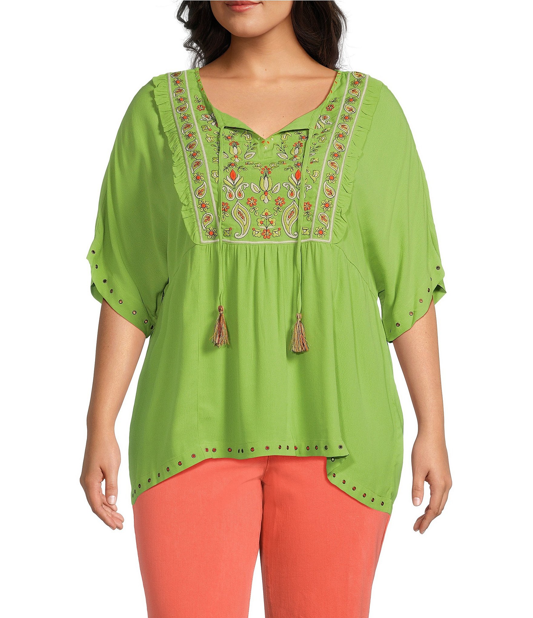 John Mark Plus Size Embroidered Hi-Low Hem V-Neck Short Sleeve Top ...