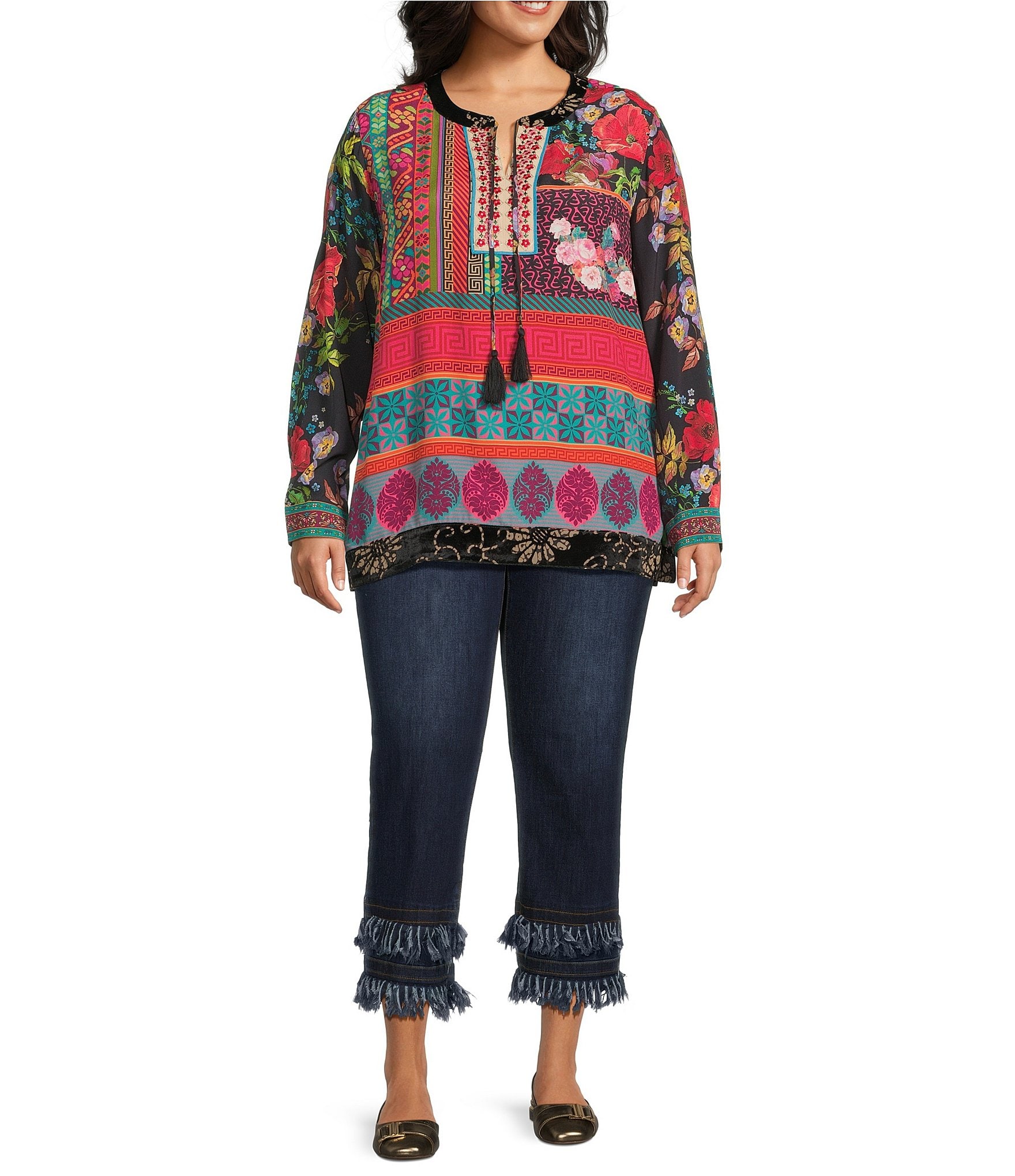 John Mark Plus Size Embroidered Mixed Print Split V-Neck Long Roll-Tab Sleeve Tassel Tie Tunic