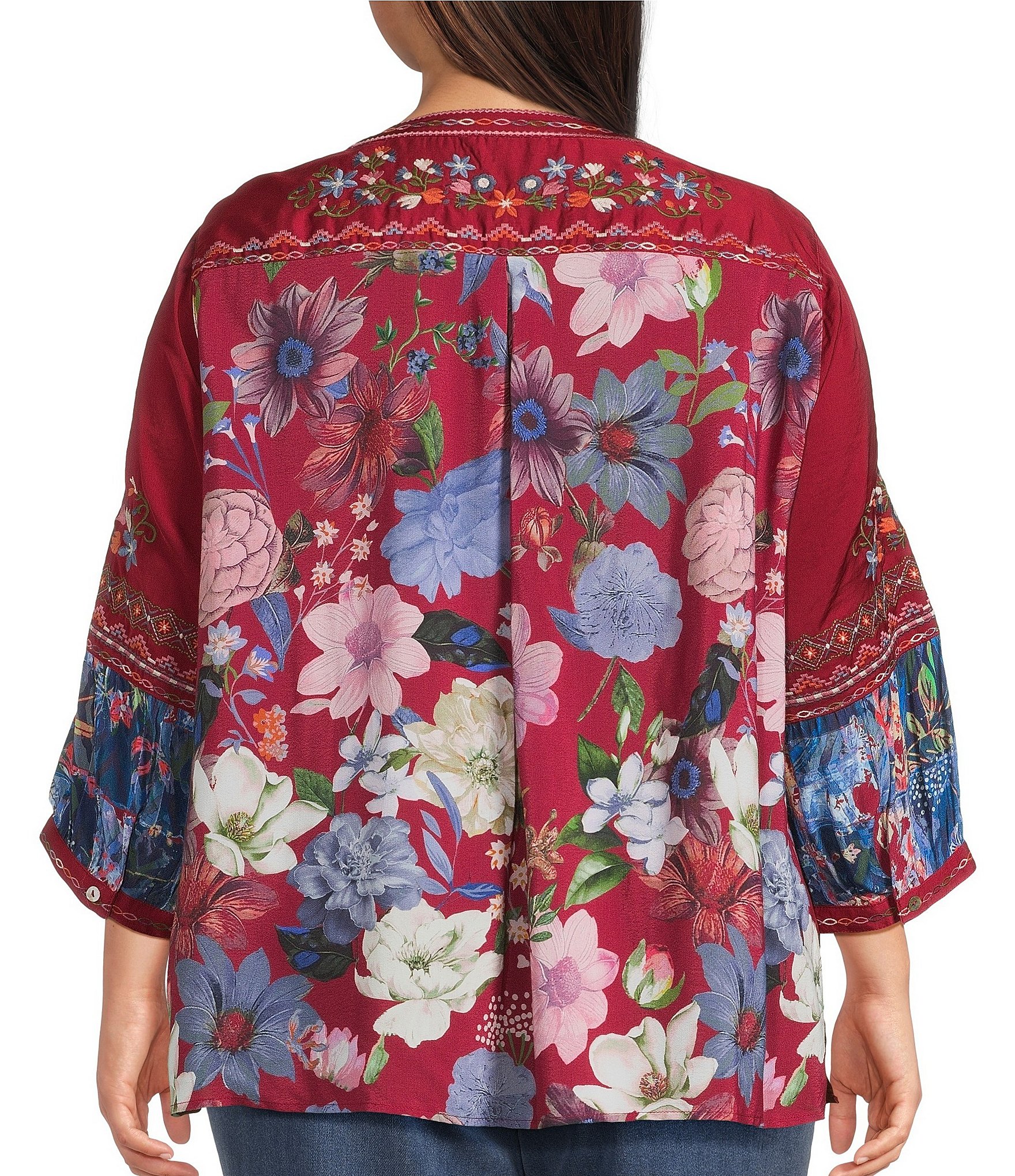 John Mark Plus Size Embroidered Multi Floral Round Split V-Neck 3/4 Sleeve Blouse