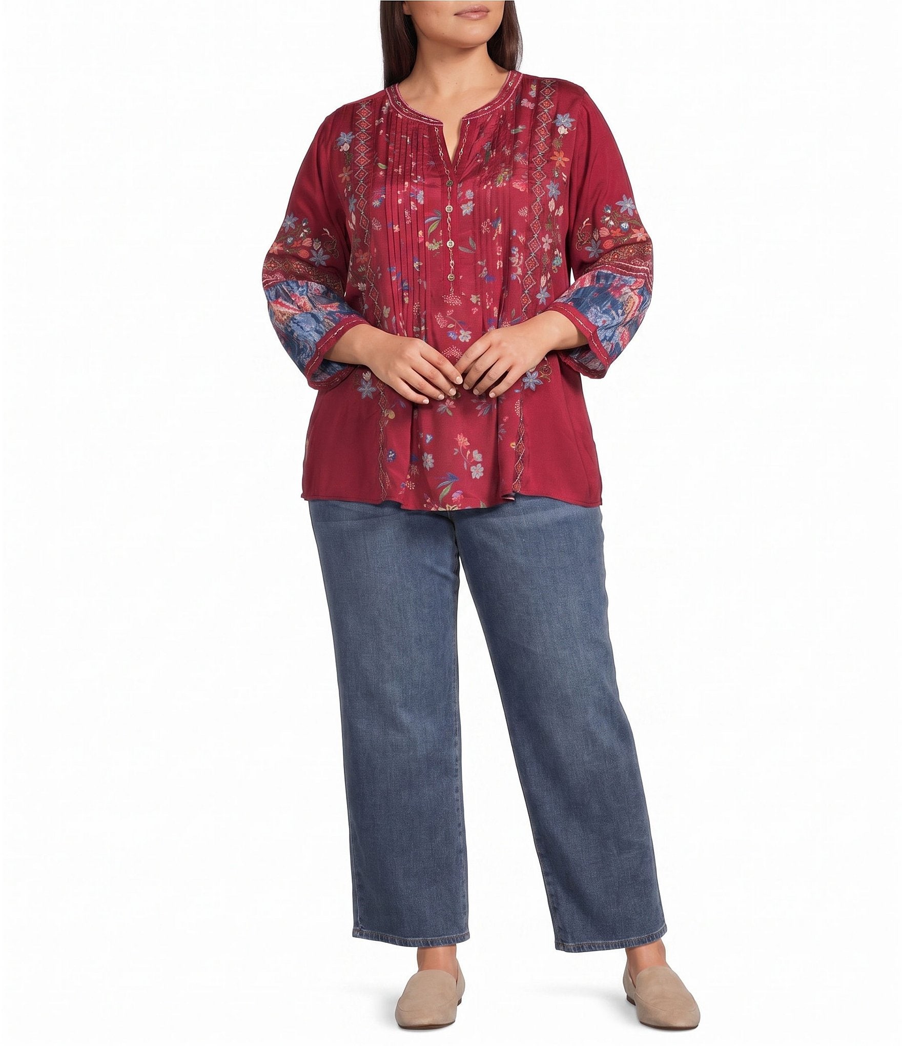 John Mark Plus Size Embroidered Multi Floral Round Split V-Neck 3/4 Sleeve Blouse