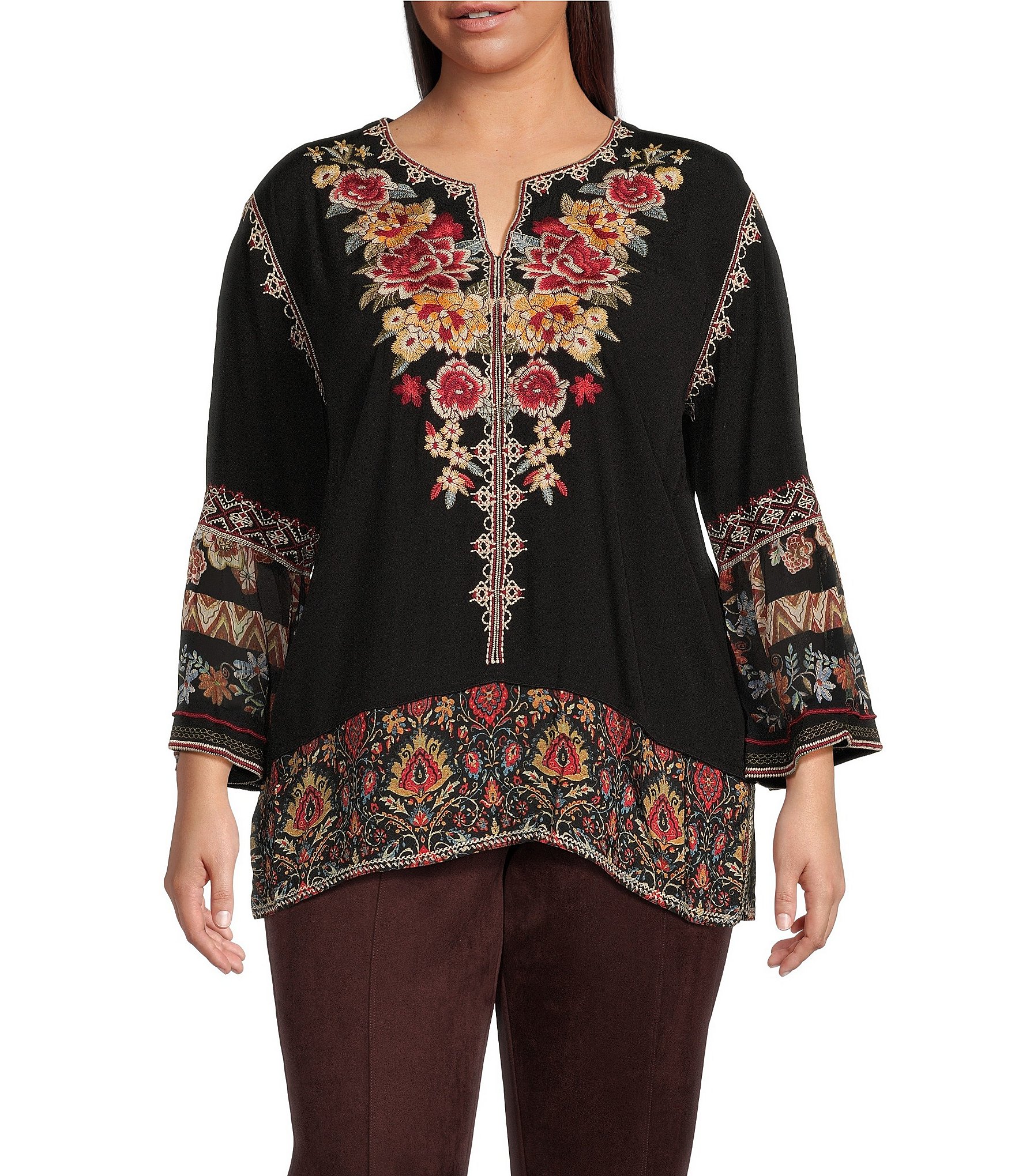 John Mark Plus Size Embroidered Printed Woven Georgette Split V-Neck 3/ ...