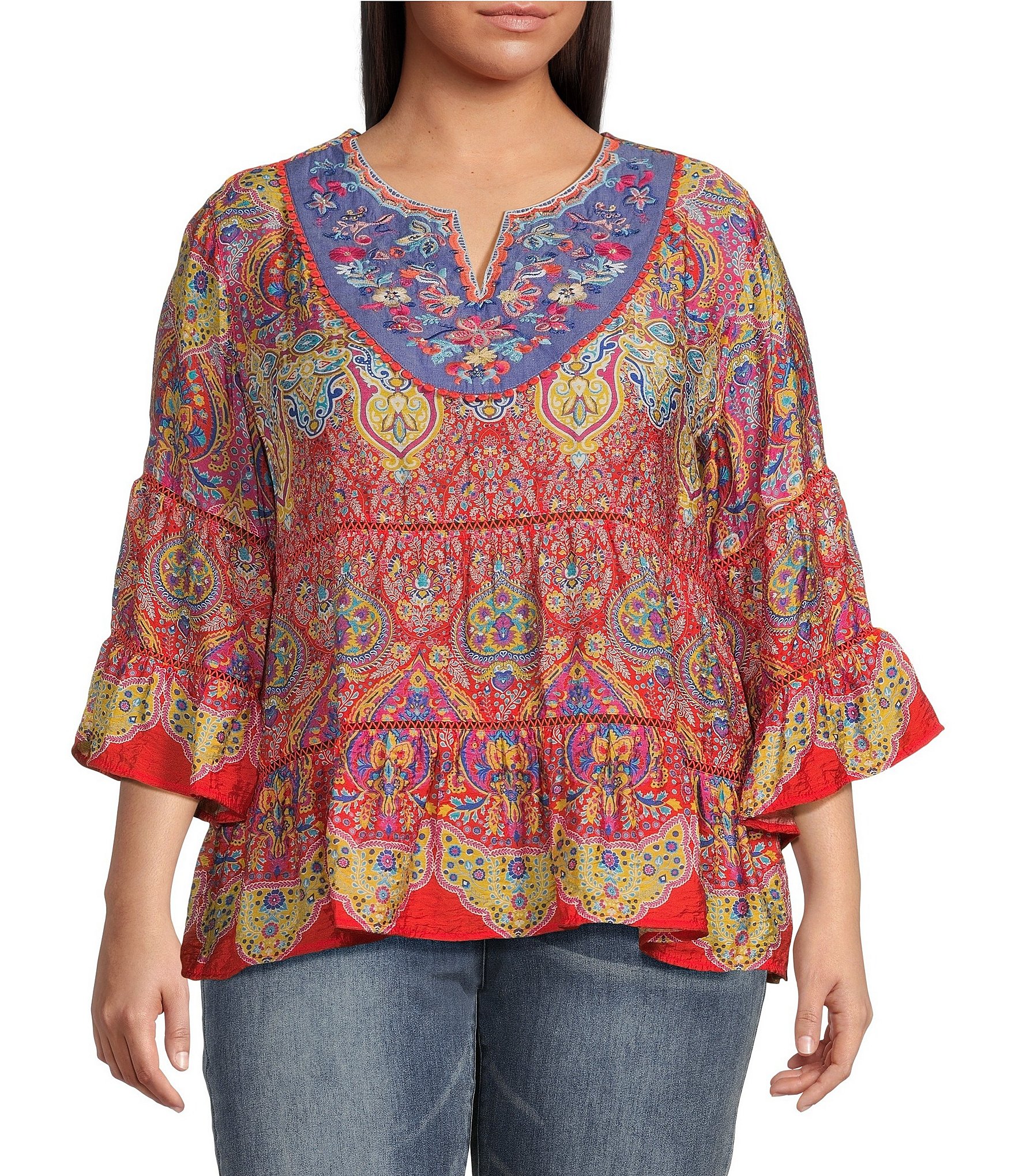 John Mark Plus Size Embroidered Split Neck 3/4 Ruffle Sleeve Tunic ...