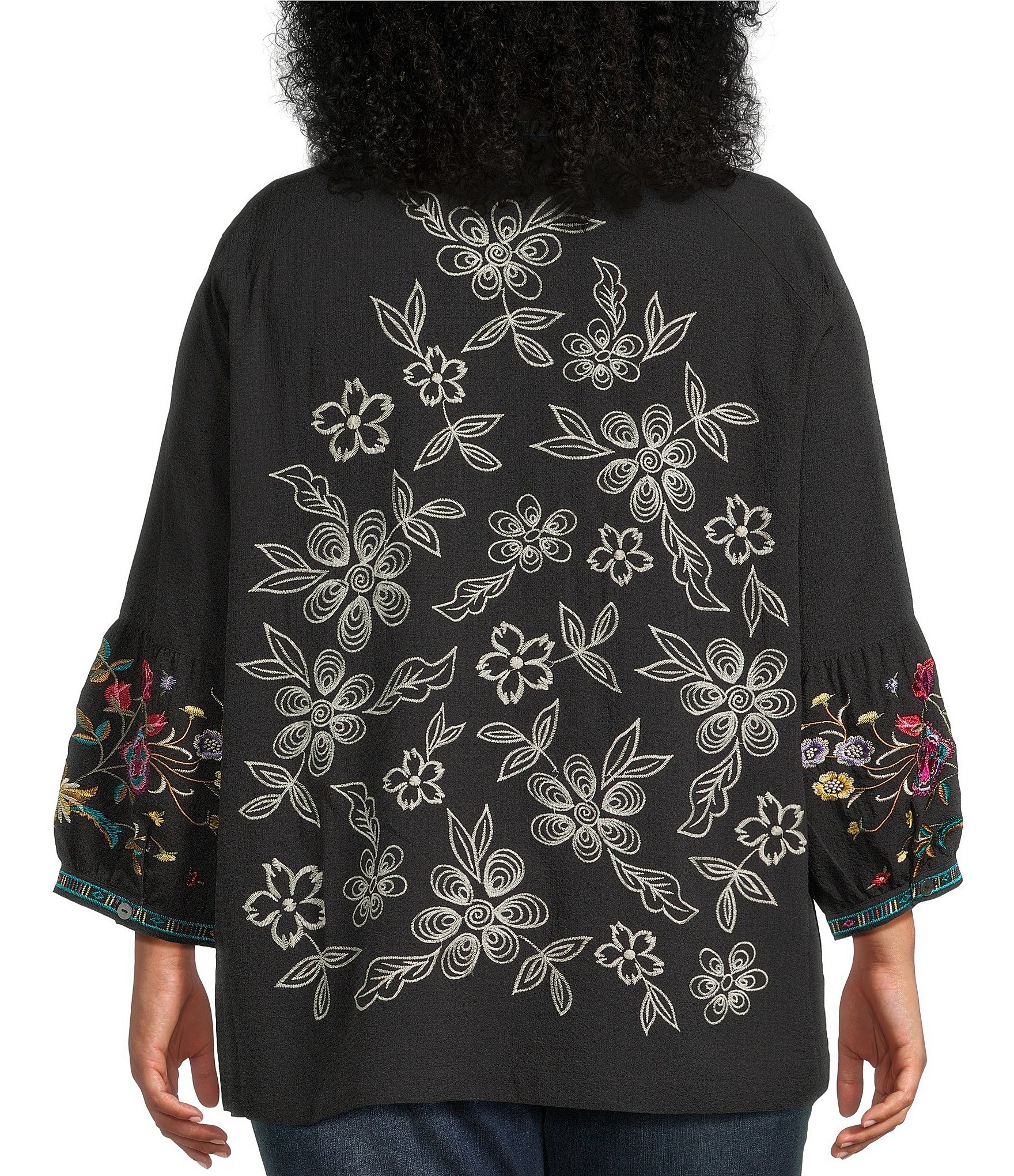 John Mark Plus Size Embroidered Split V-Neck 3/4 Tiered Sleeve Peasant Top