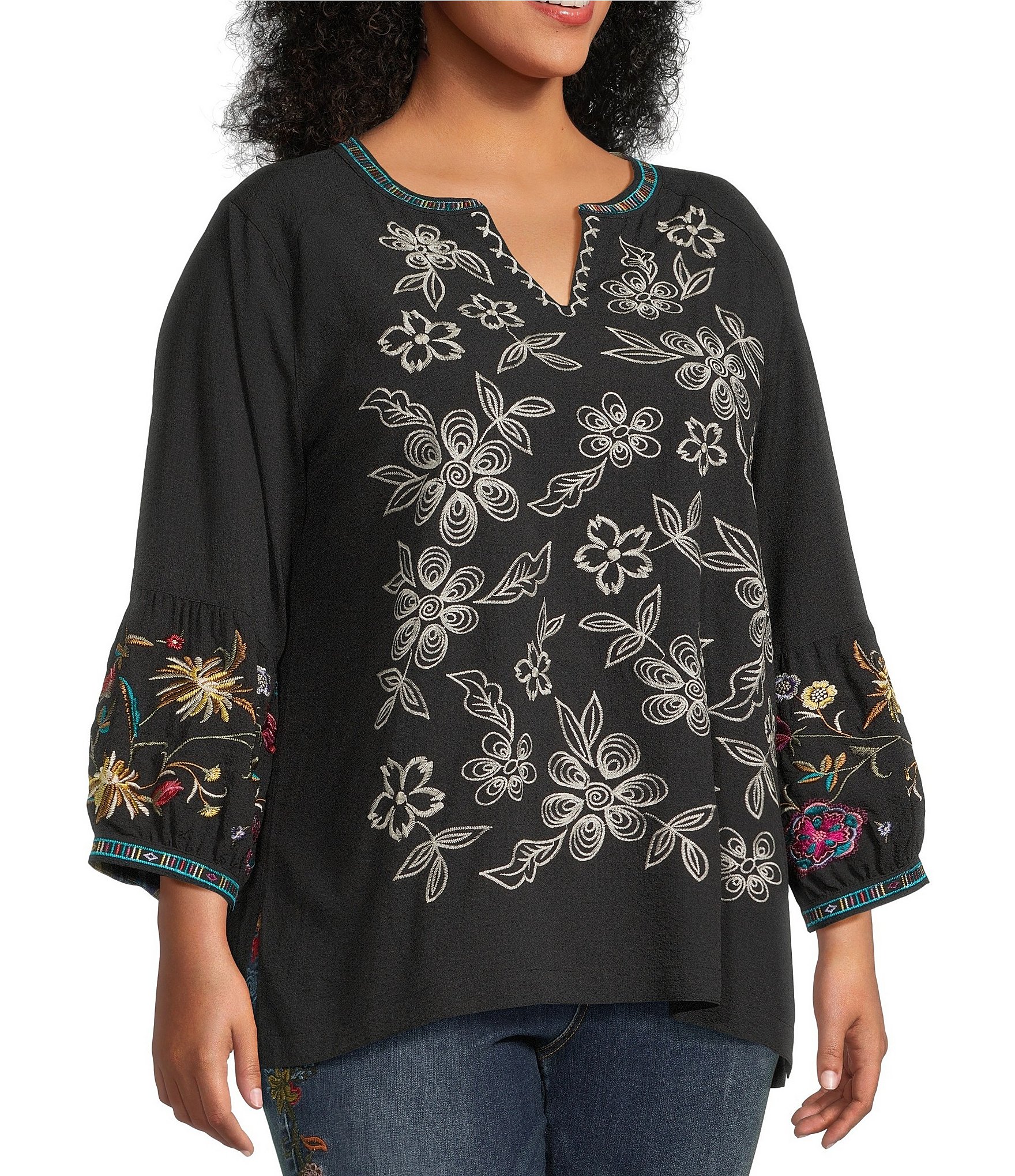 John Mark Plus Size Embroidered Split V-Neck 3/4 Tiered Sleeve Peasant Top