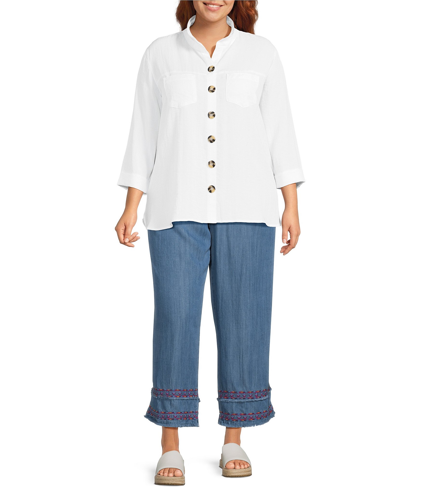 John Mark Plus Size Embroidered Wide Leg Pull-On Cropped Pants