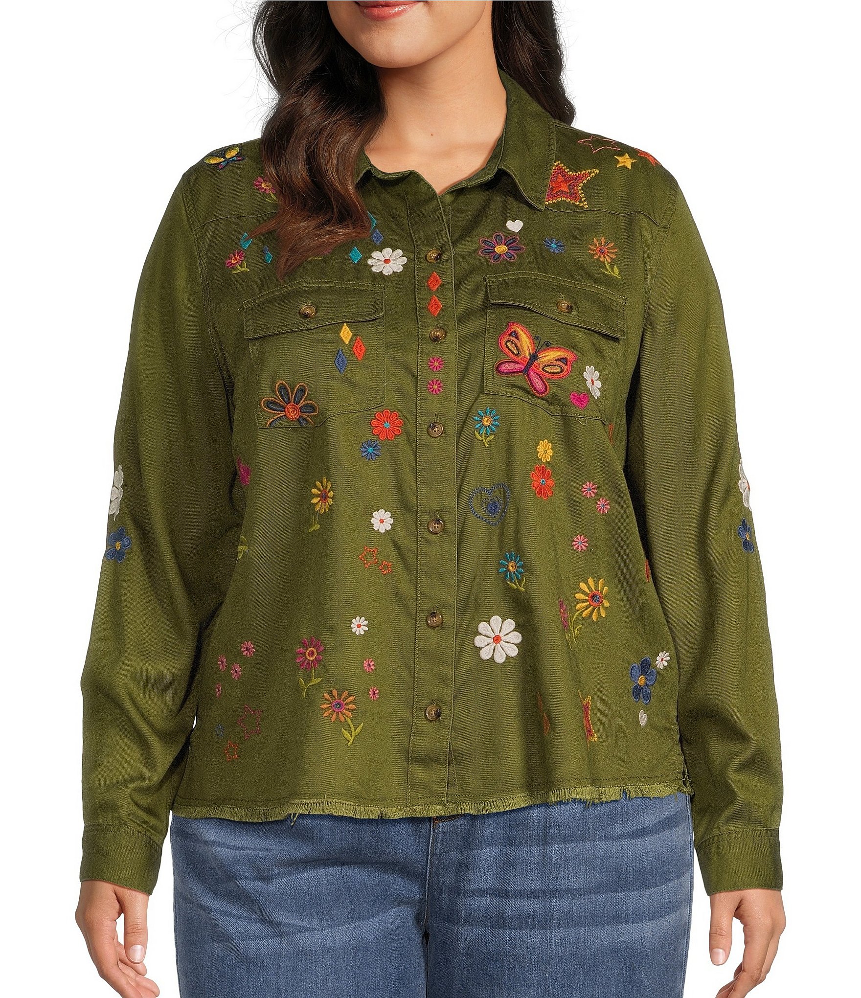 John Mark Plus Size Floral And Butterfly Point Collar Long Roll-Tab Sleeve Button Front Shirt