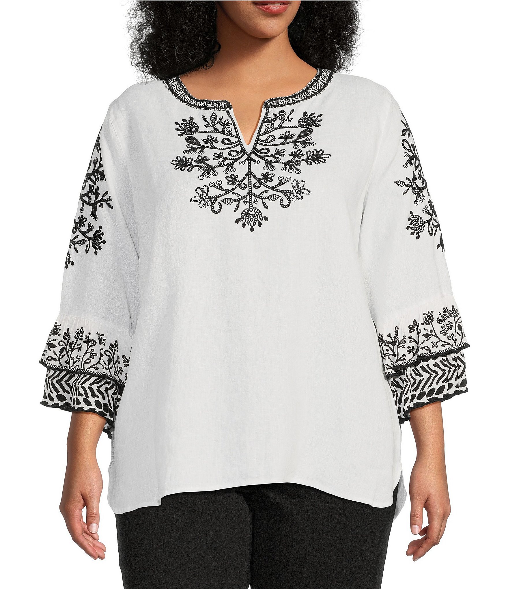 John Mark Plus Size Floral Embroidered Split V-Neck 3/4