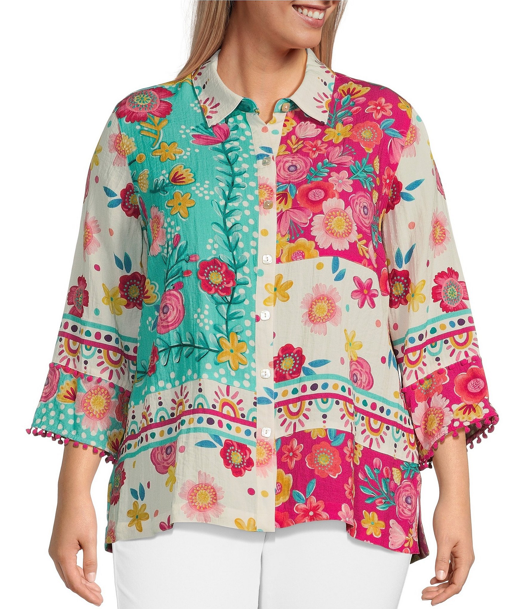 John Mark Plus Size Floral Print Point Collar 3 4 Sleeve Button Front