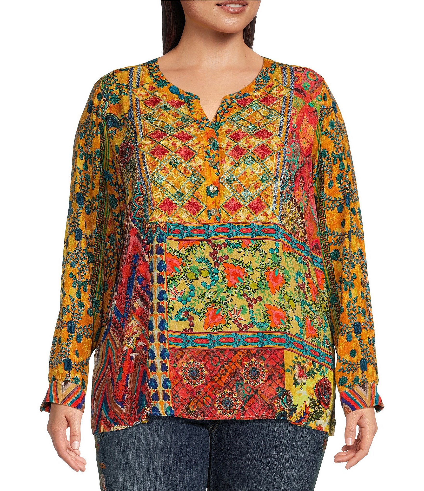 John Mark Plus Size Floral Printed Split V Neck Long Sleeve Button Up