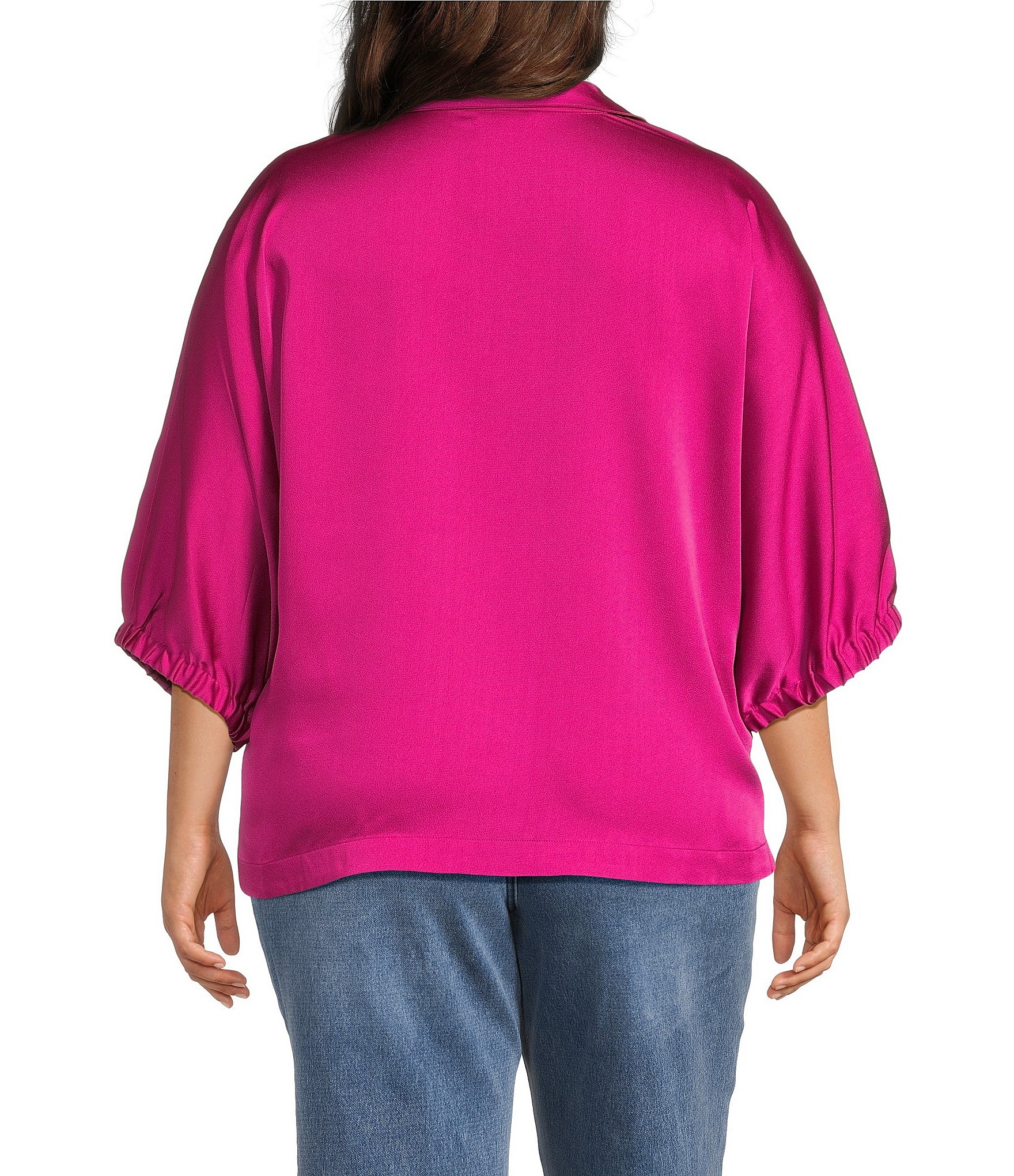 John Mark Plus Size Hammered Satin Collared Split V-Neck Short Sleeve Top