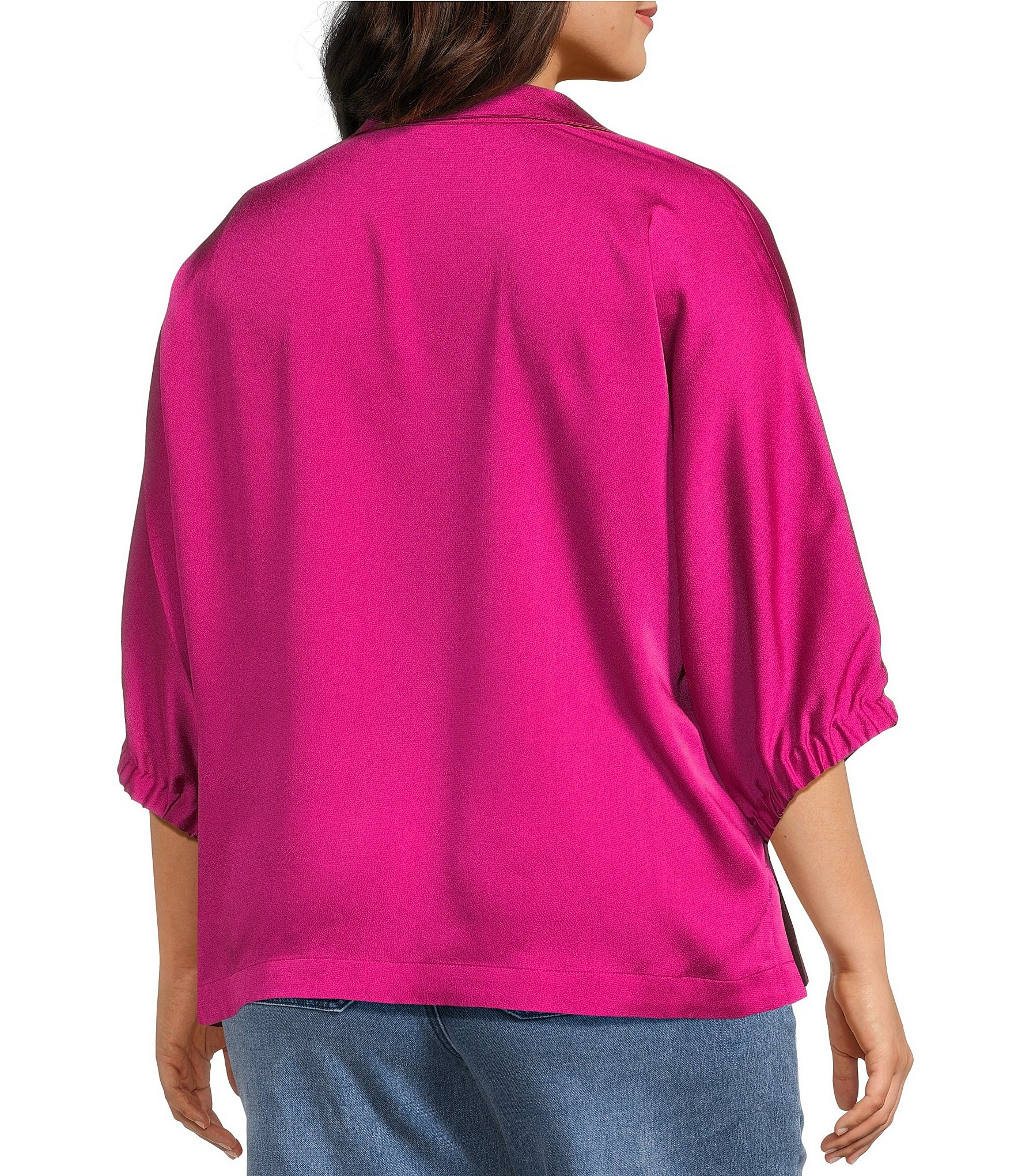 John Mark Plus Size Hammered Satin Collared Split V-Neck Short Sleeve Top