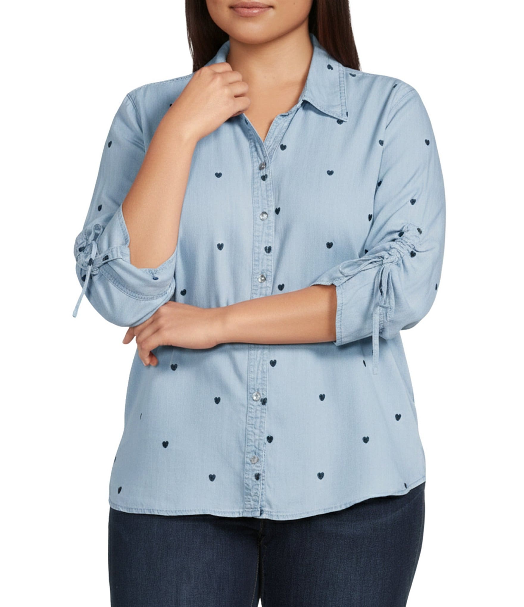 John Mark Plus Size Heart Embroidered Point Collar 3/4 Cinched Tie Sleeve Button Front Blouse