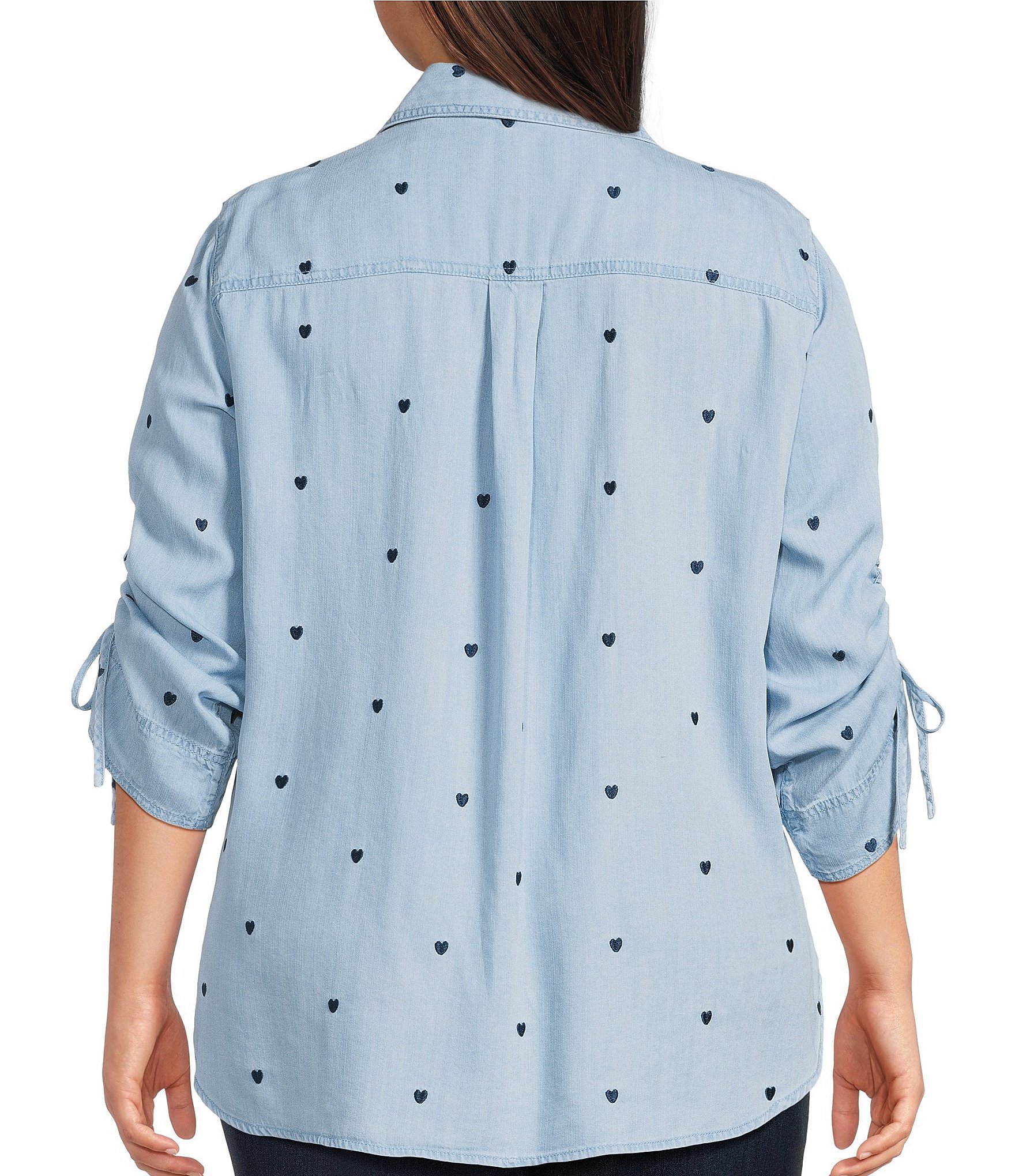 John Mark Plus Size Heart Embroidered Point Collar 3/4 Cinched Tie Sleeve Button Front Blouse