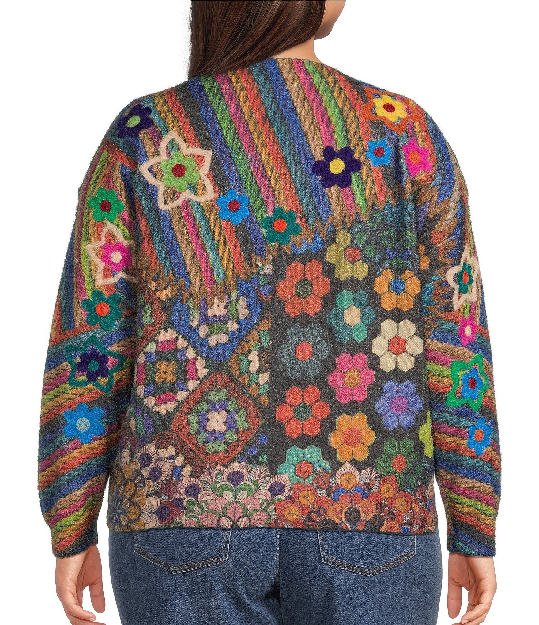 John Mark Plus Size Knit Allover Print V-Neck Long Sleeve Button Front Cardigan
