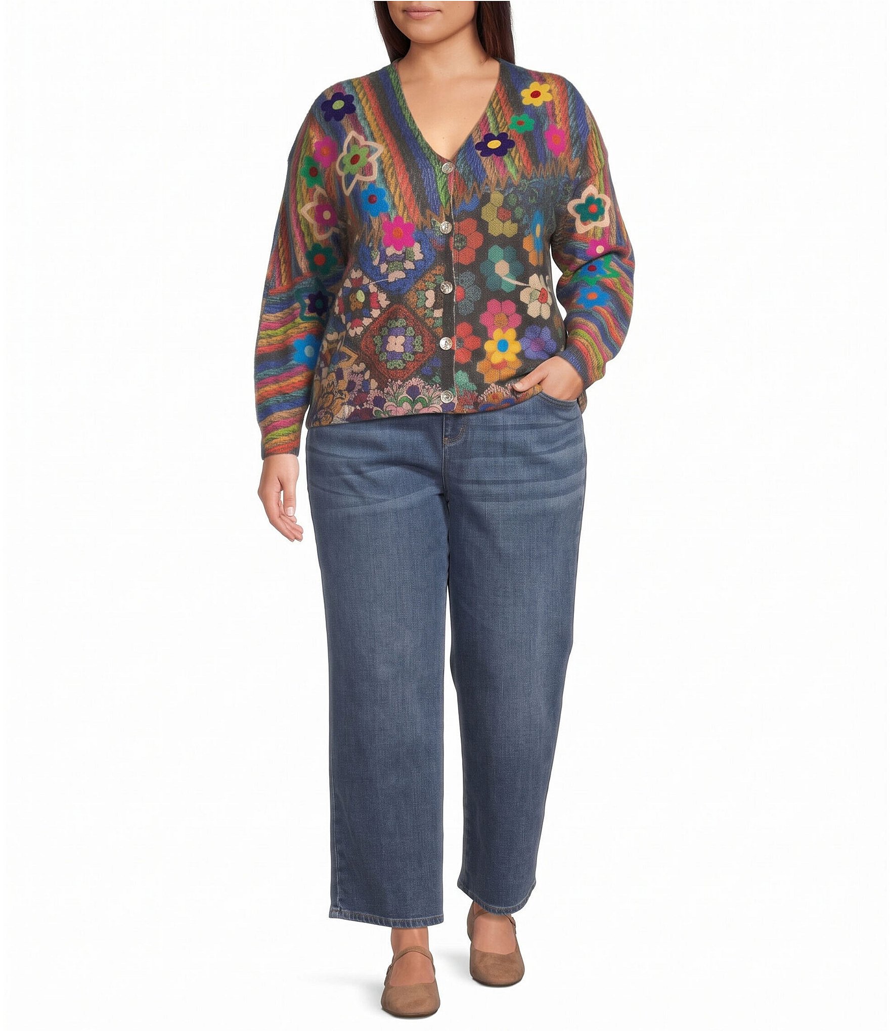 John Mark Plus Size Knit Allover Print V-Neck Long Sleeve Button Front Cardigan