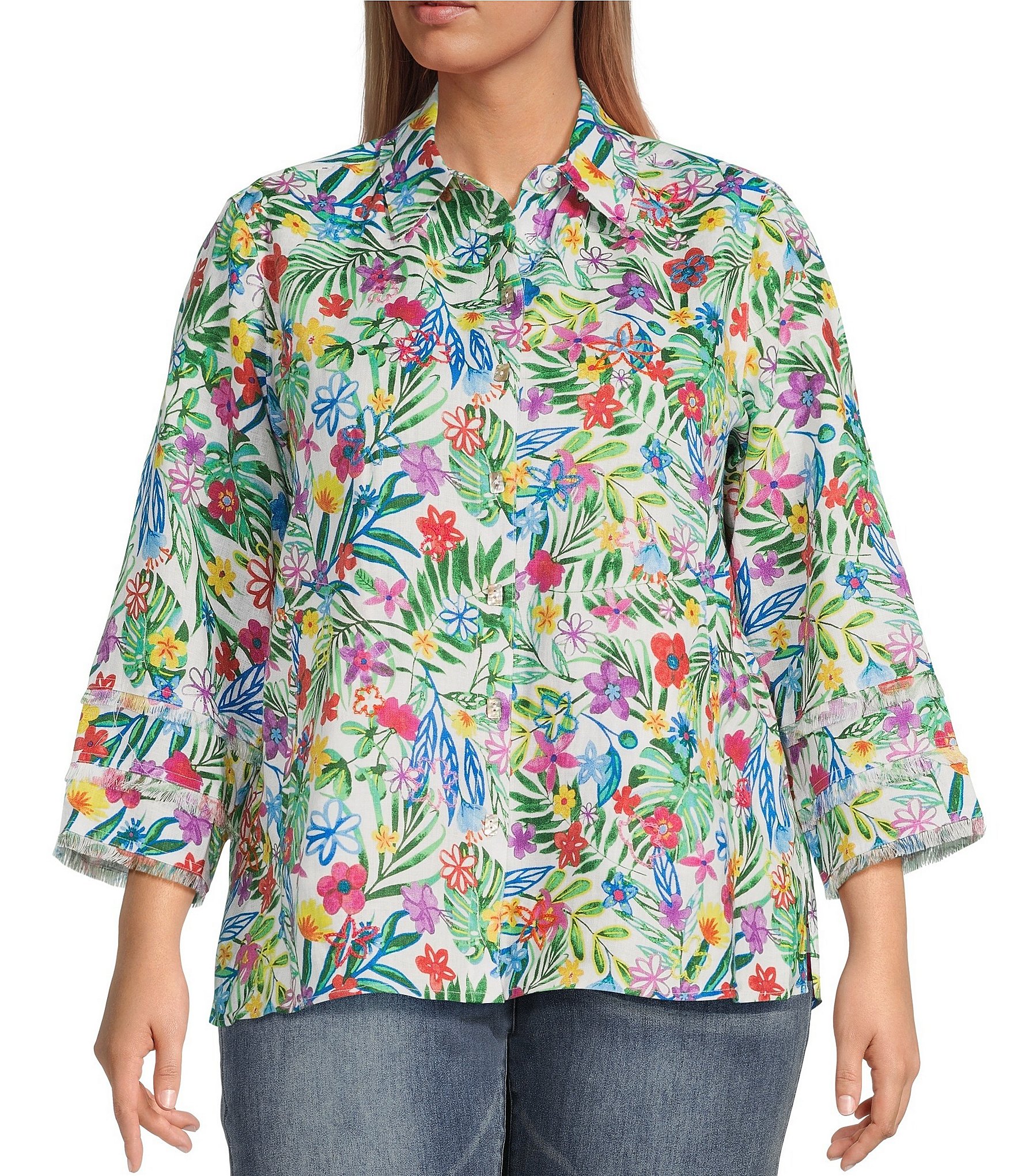 John Mark Plus Size Linen Floral Print Point Collar 3/4 Sleeve Button ...