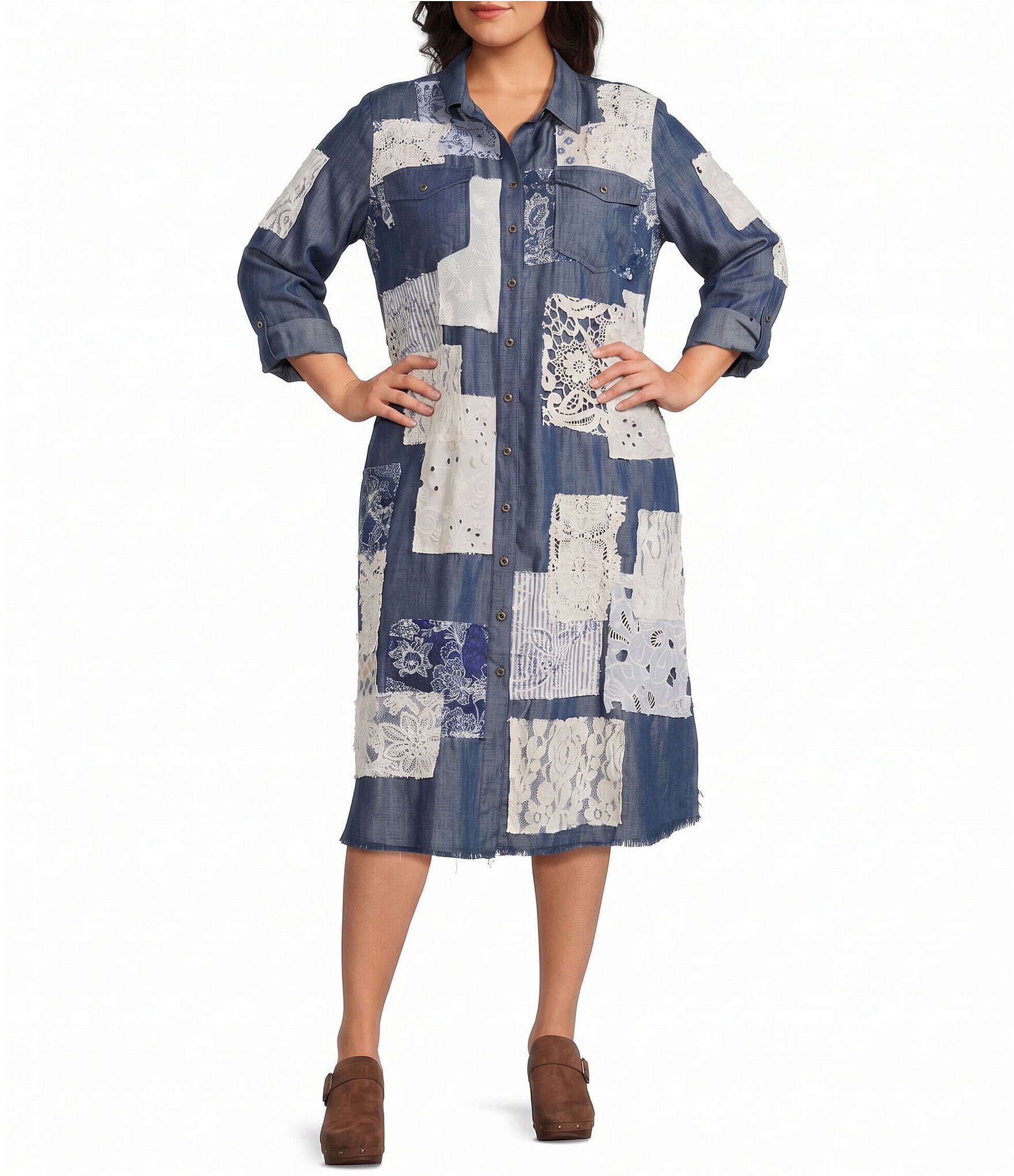 John Mark Plus Size Mixed-Media Embroidered Floral Eyelet Patchwork Button-Front Shirt Dress