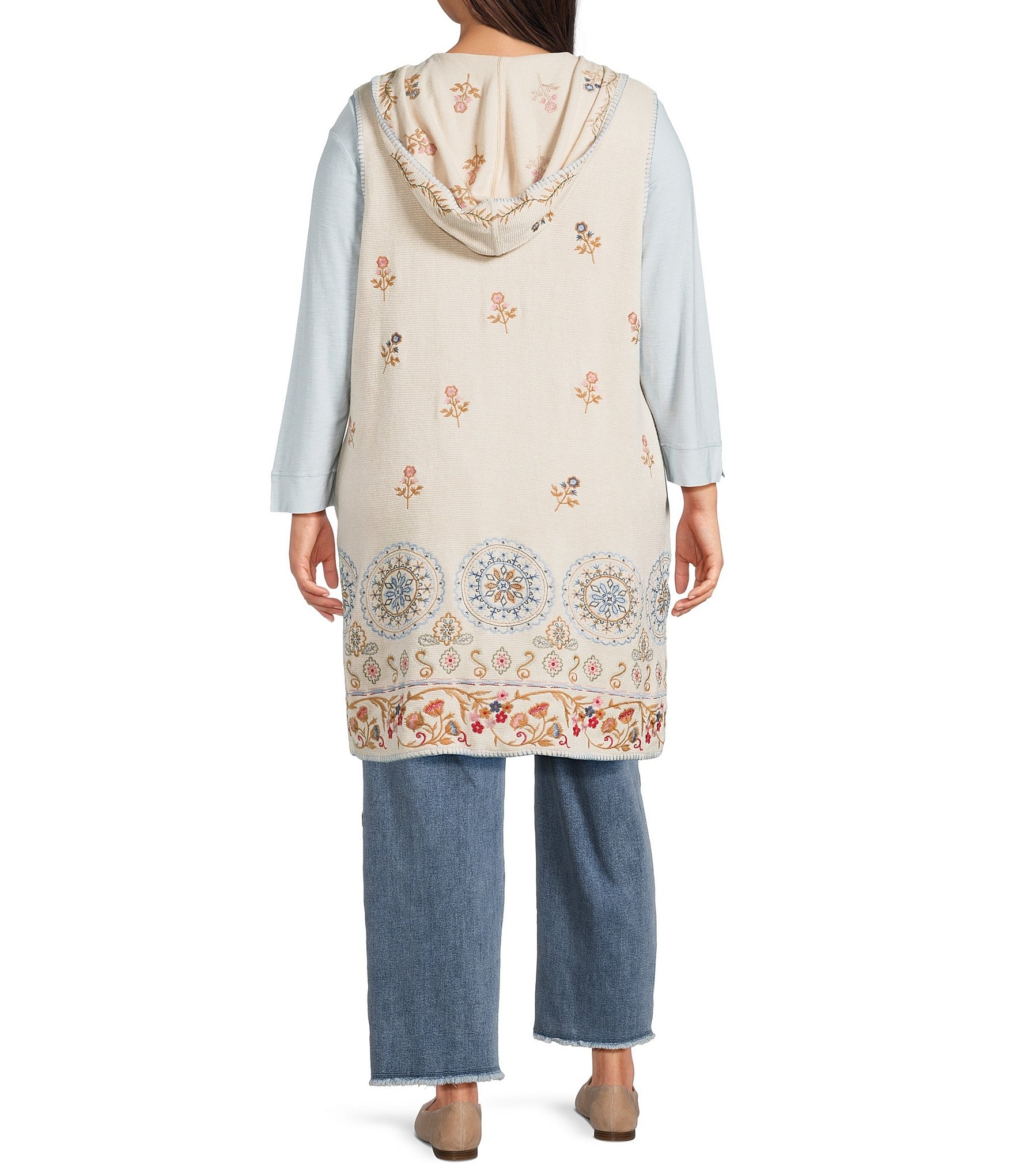 John Mark Plus Size Multi Floral Mandala Embroidery Open-Front Hooded Vest