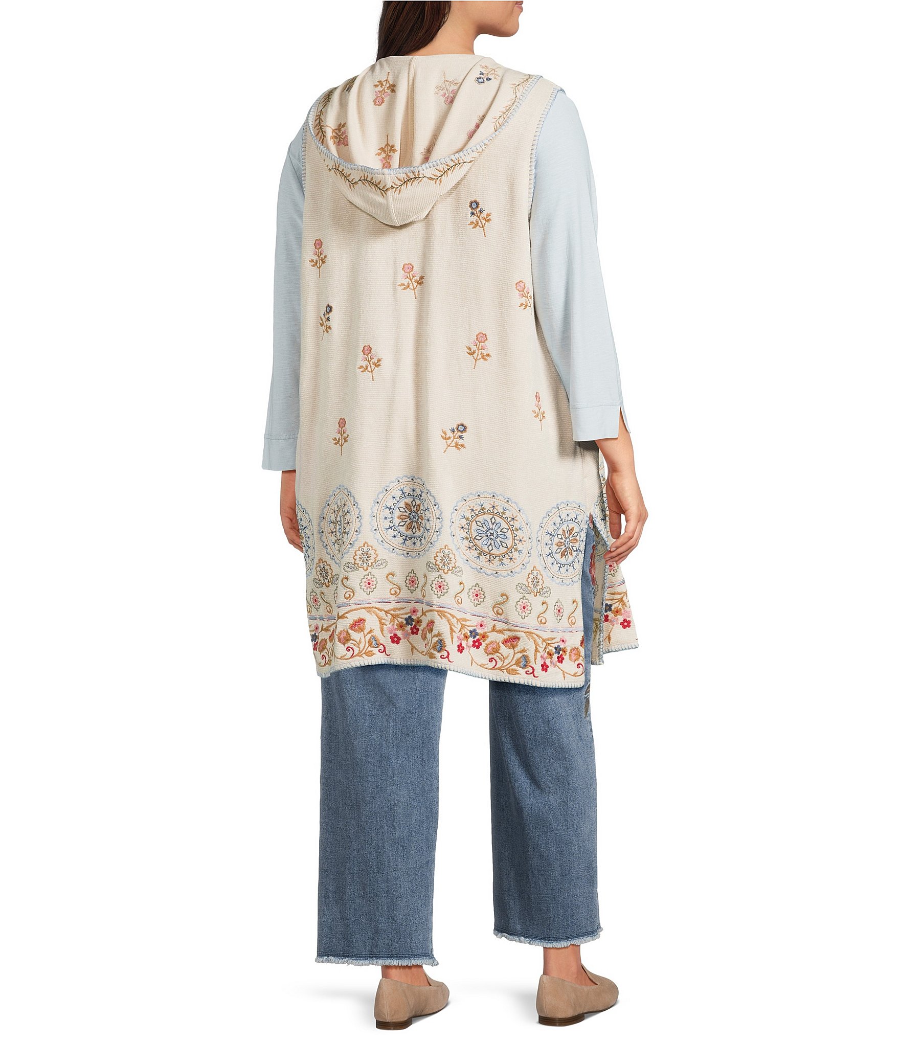 John Mark Plus Size Multi Floral Mandala Embroidery Open-Front Hooded Vest