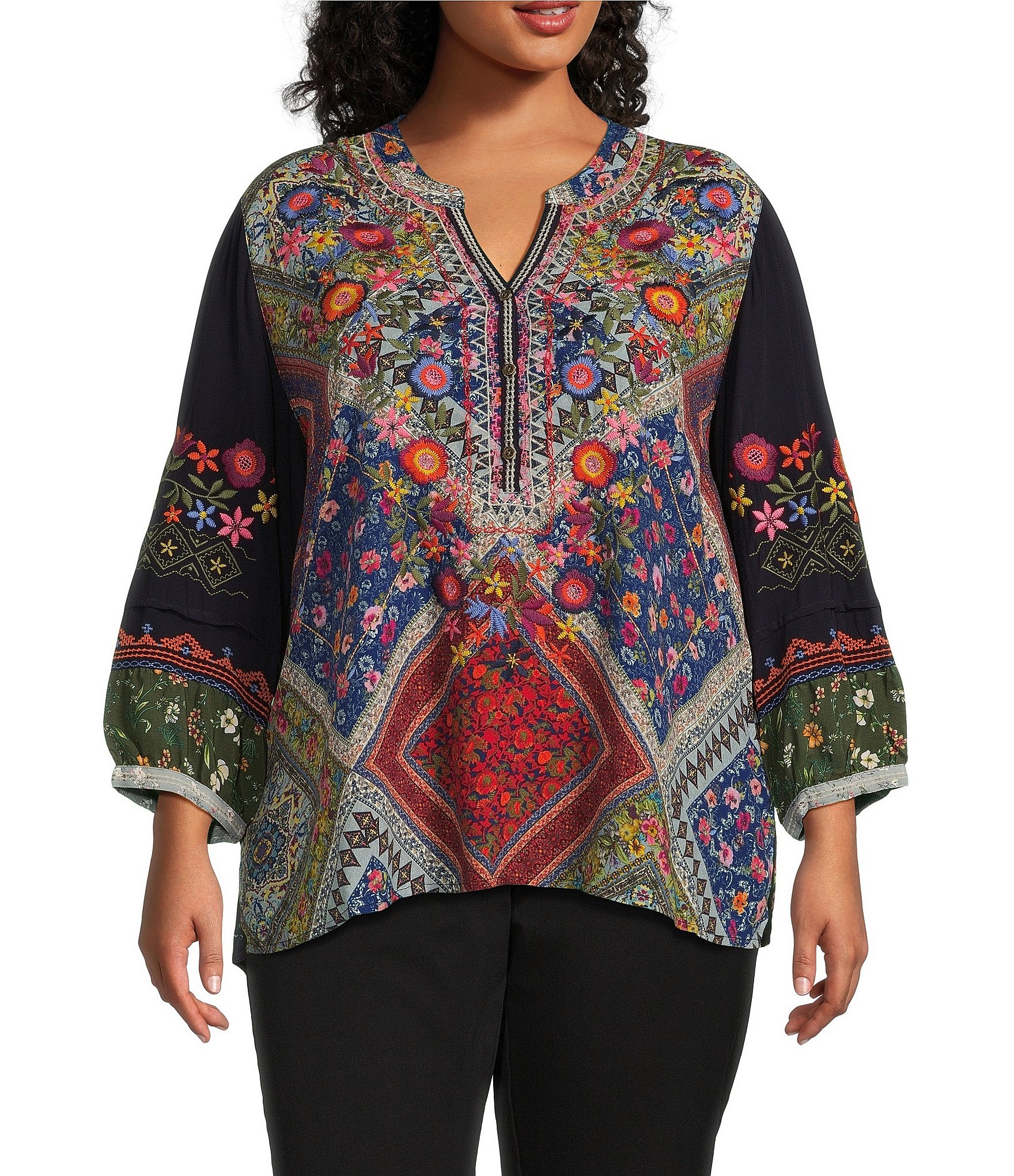 John Mark Plus Size Multi Floral Patch Print Split Y-Neck 3/4 Sleeve ...