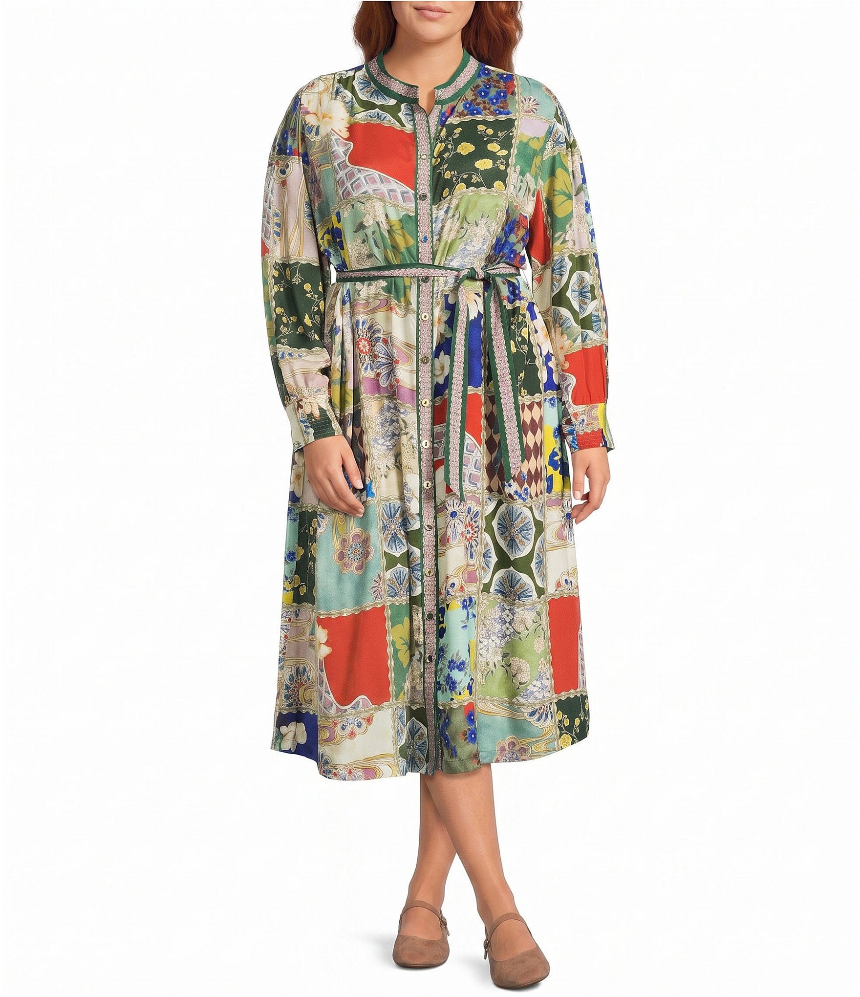 John Mark Plus Size Multi Oriental Patch Print Mandarin Collar Long Sleeve Button-Front Belted Shirt Dress