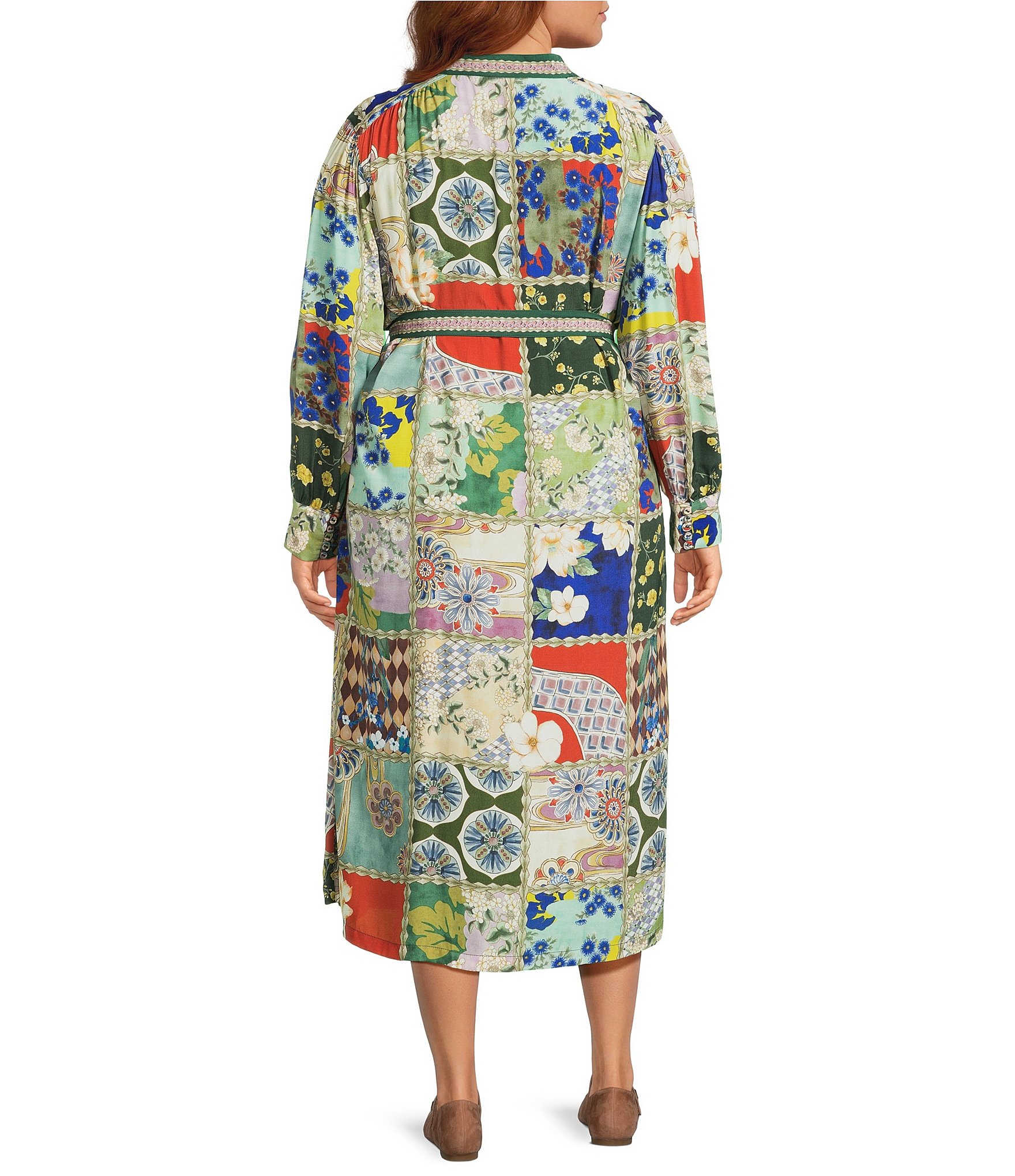 John Mark Plus Size Multi Oriental Patch Print Mandarin Collar Long Sleeve Button-Front Belted Shirt Dress