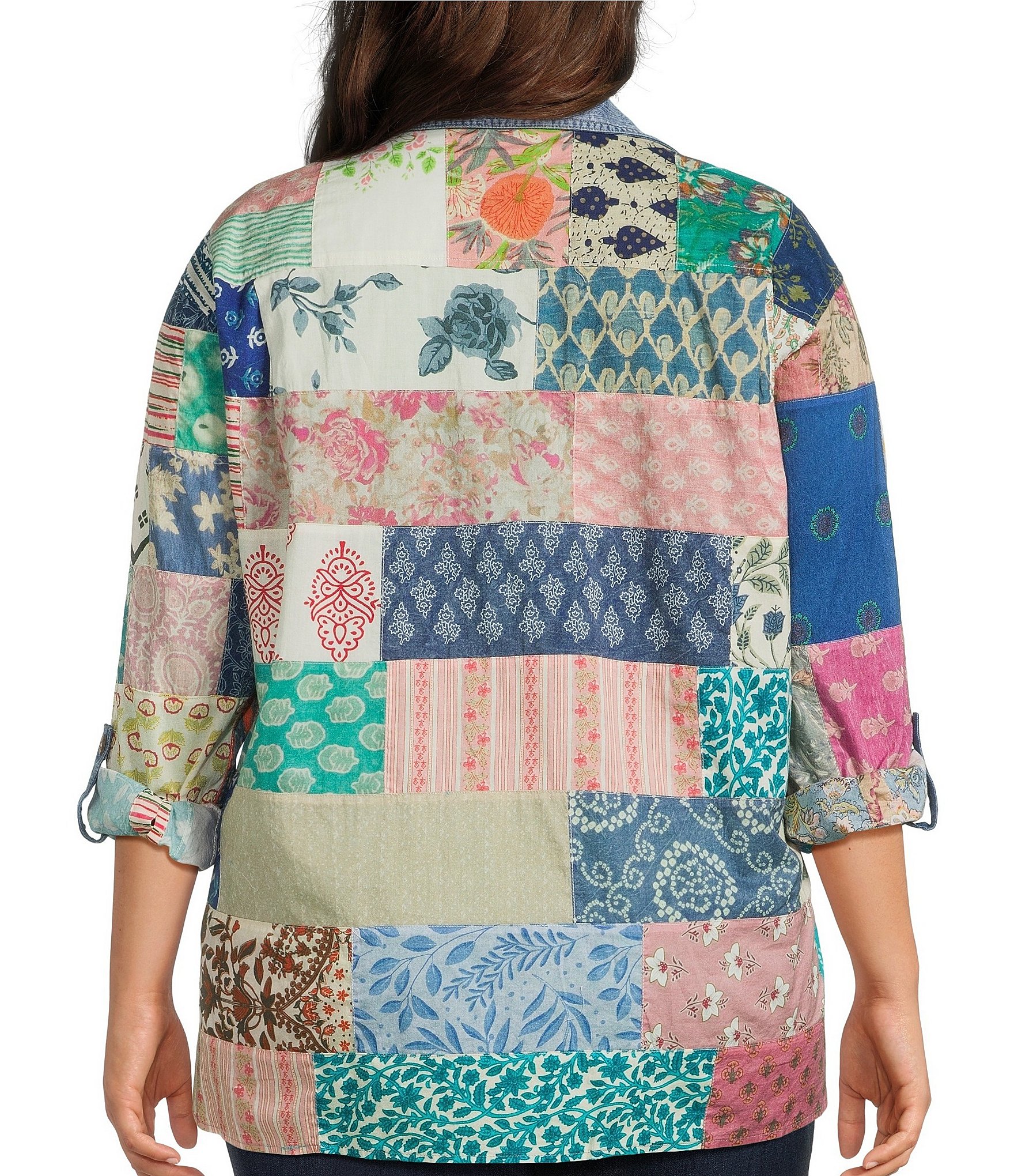 John Mark Plus Size Multi Print Patched Point Collar Long Roll-Tab Sleeve Button Front Tunic