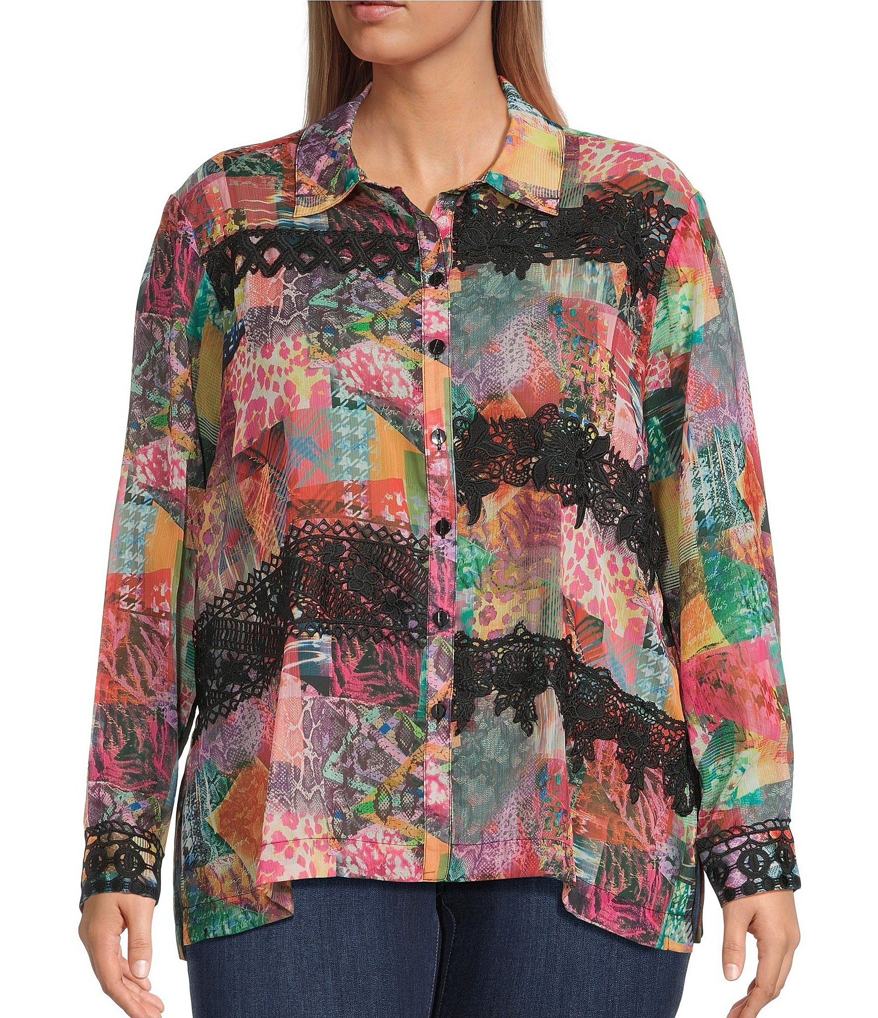 John Mark Plus Size Patchwork Print Point Collar Long Sleeve Button-Front Blouse