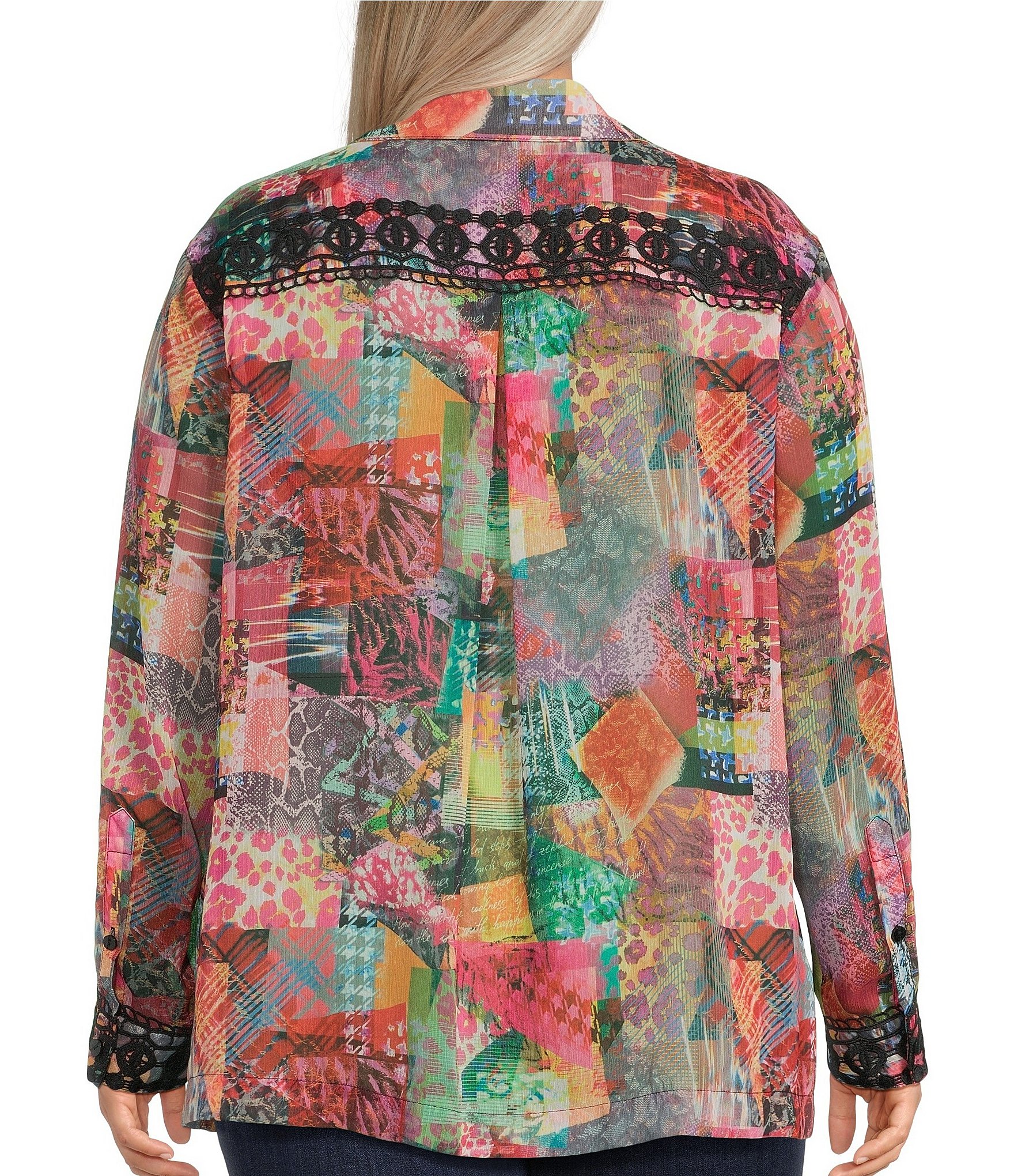 John Mark Plus Size Patchwork Print Point Collar Long Sleeve Button-Front Blouse