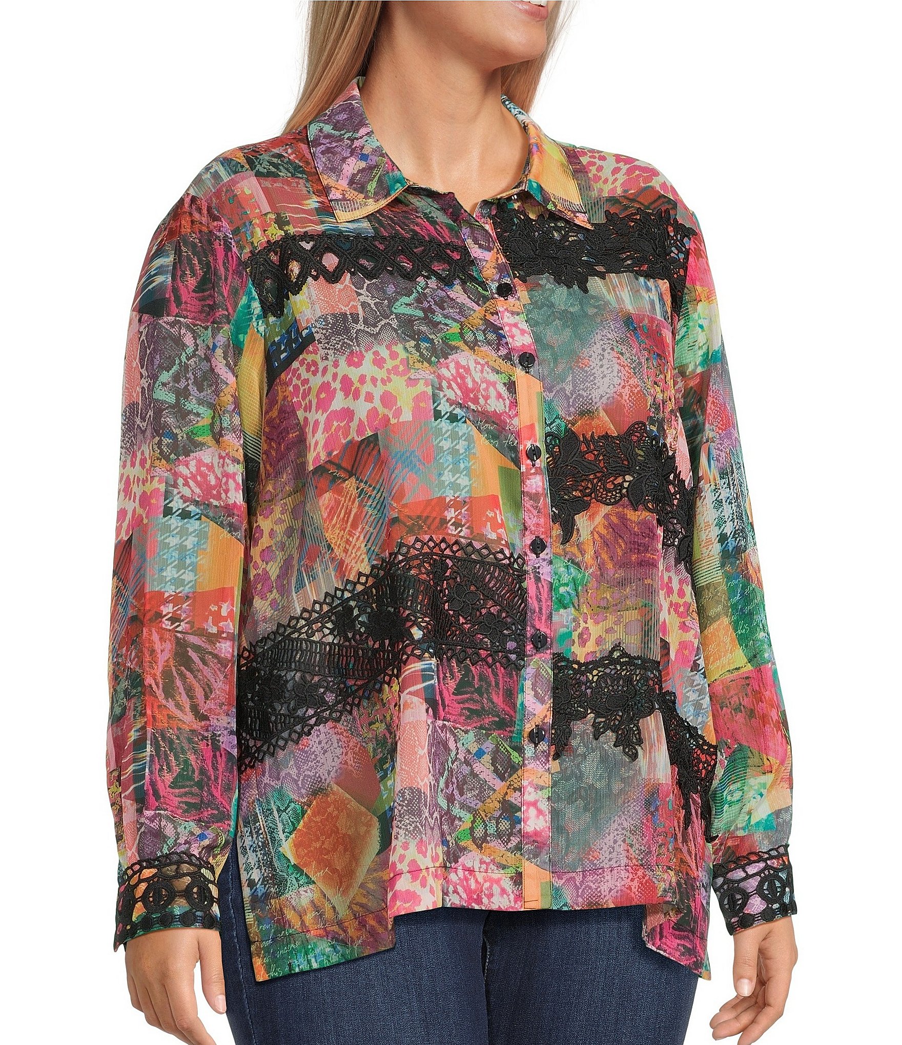 John Mark Plus Size Patchwork Print Point Collar Long Sleeve Button-Front Blouse