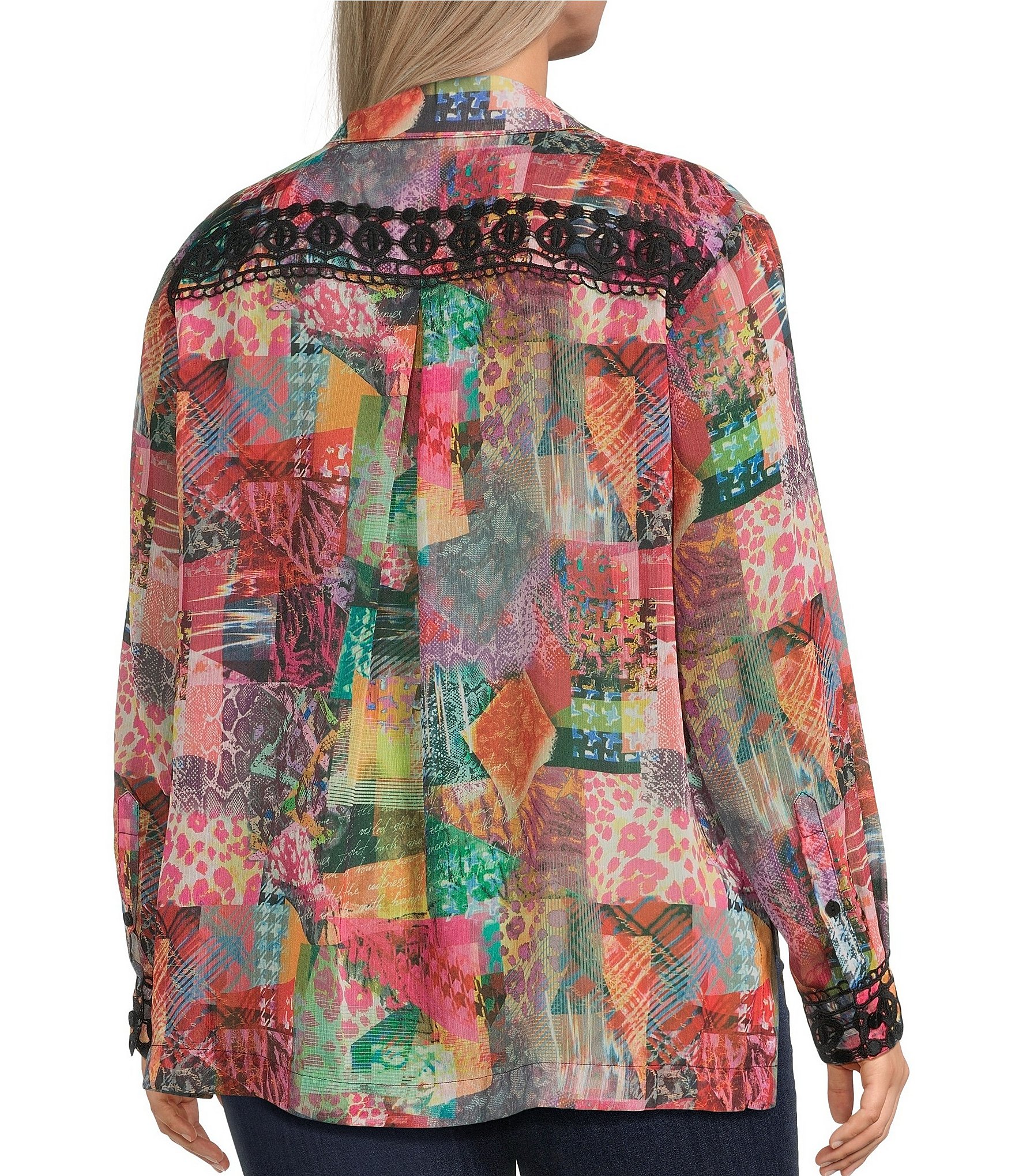 John Mark Plus Size Patchwork Print Point Collar Long Sleeve Button-Front Blouse