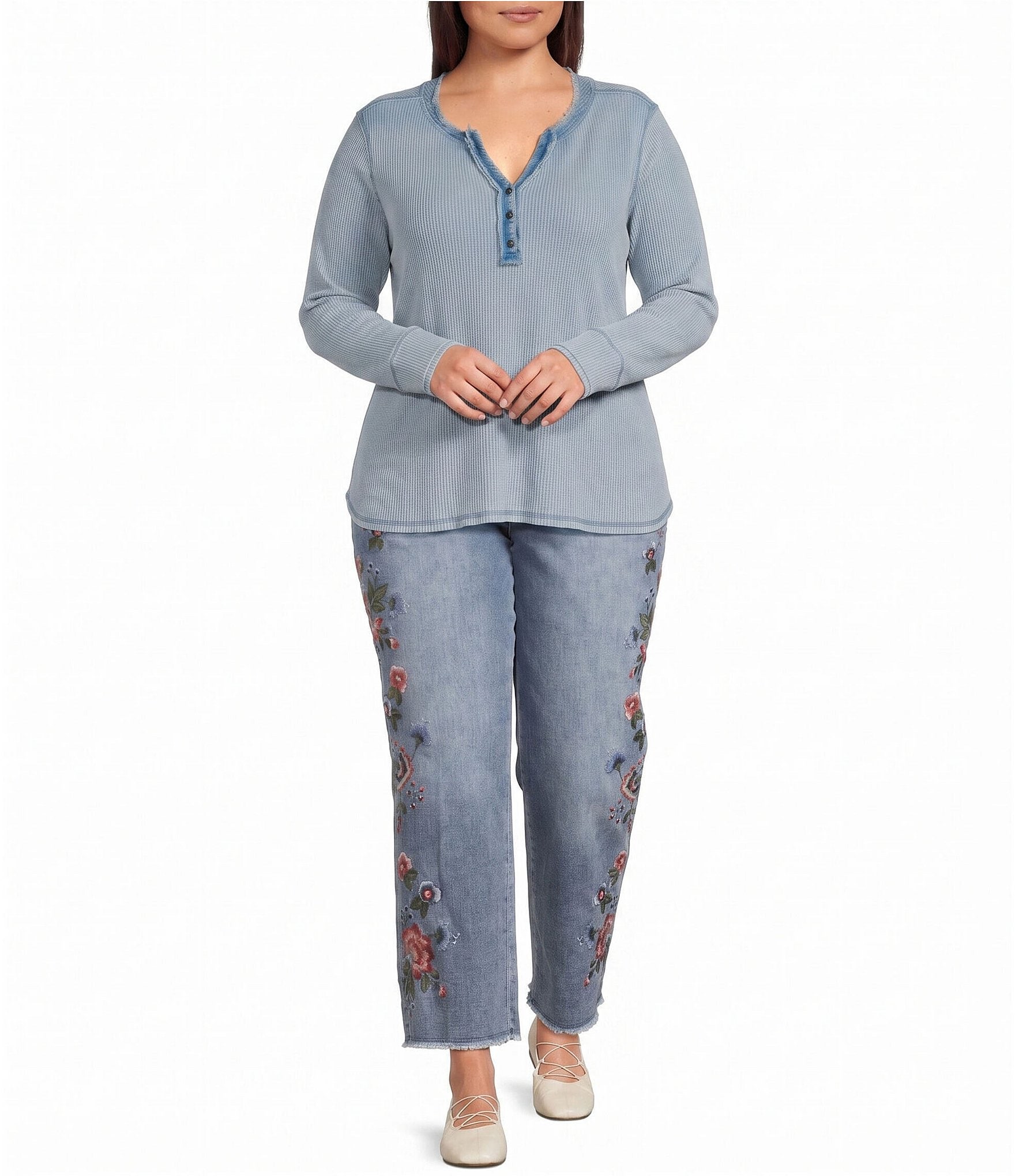 John Mark Plus Size Solid Washed Waffle Knit Split V-Neck Long Sleeve Top