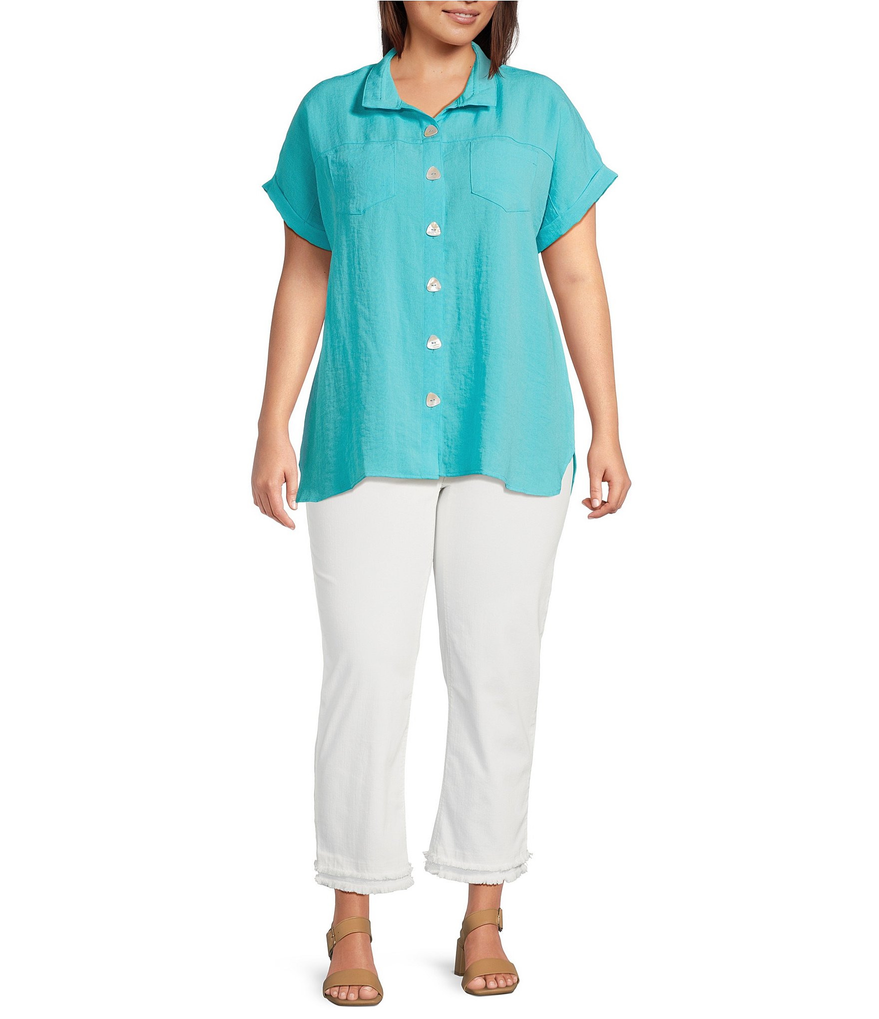 John Mark Plus Size Solid Wire Collar Short Dolman Sleeve Button Front Camp Shirt