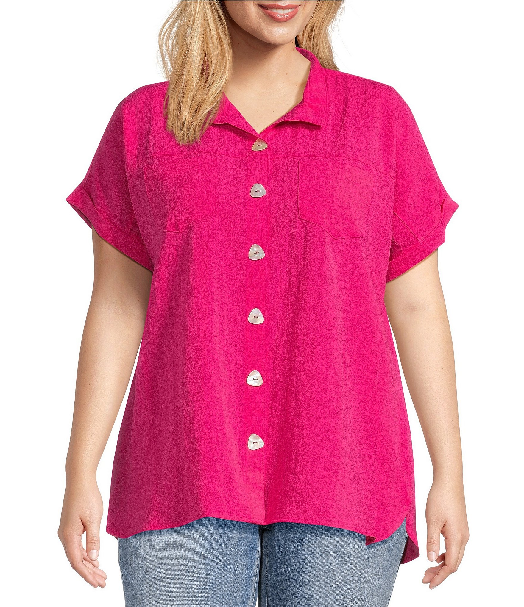 John Mark Plus Size Solid Wire Collar Short Dolman Sleeve Button Front Camp Shirt