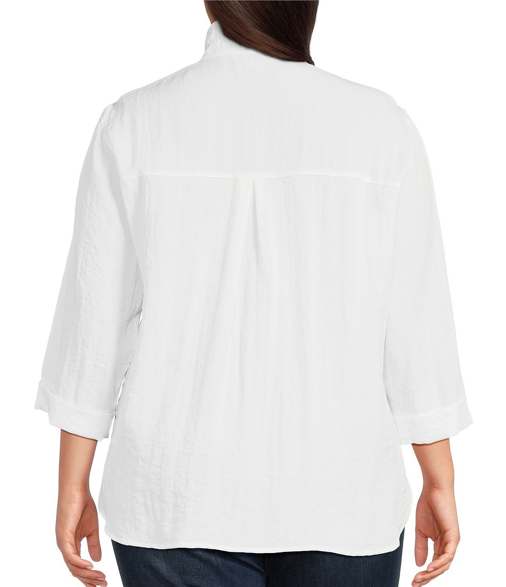 John Mark Plus Size Solid Woven Wire Collared Button Front 3/4 Sleeve Camp Shirt