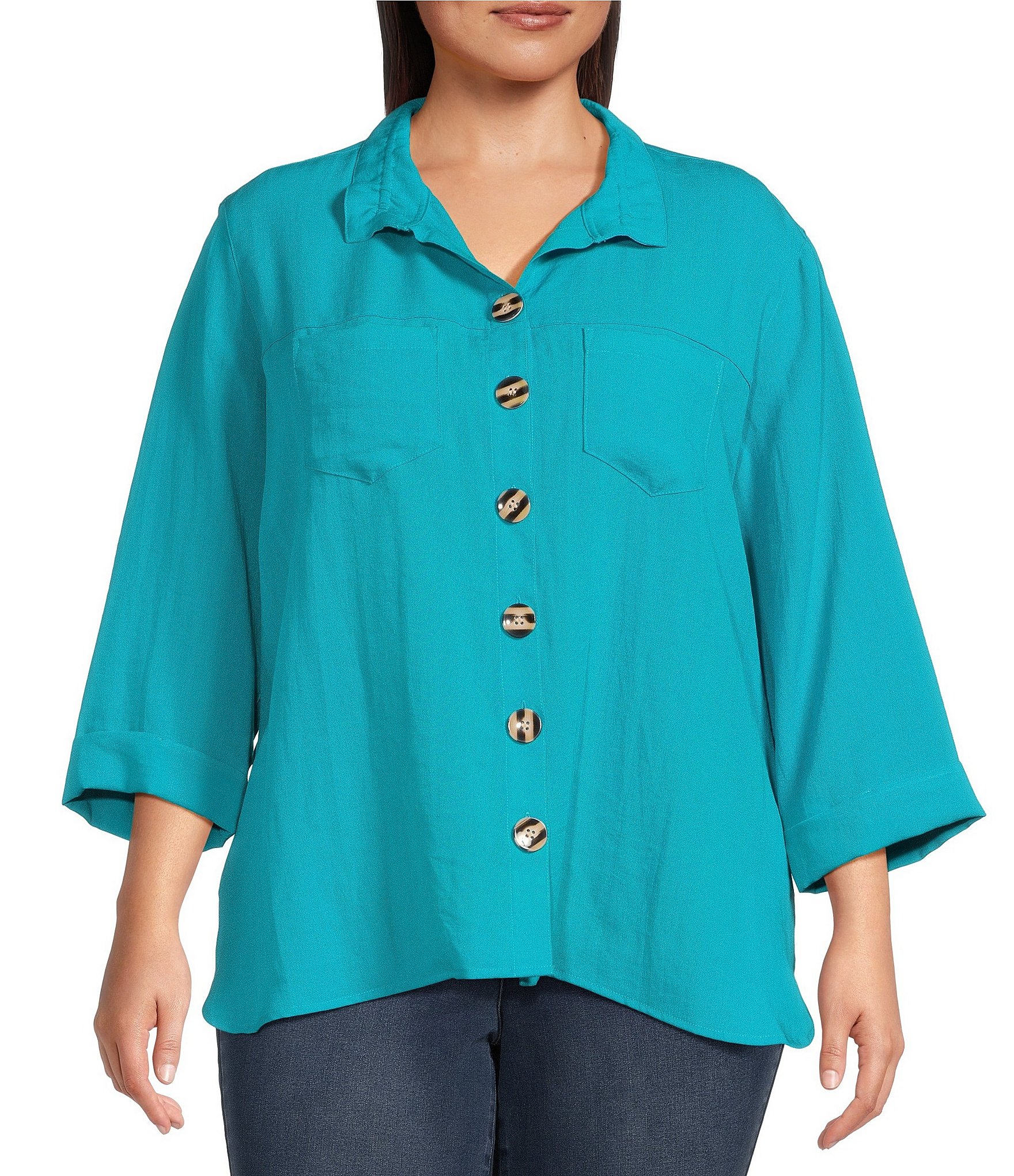 John Mark Plus Size Solid Woven Wire Collared Button Front 3/4 Sleeve ...