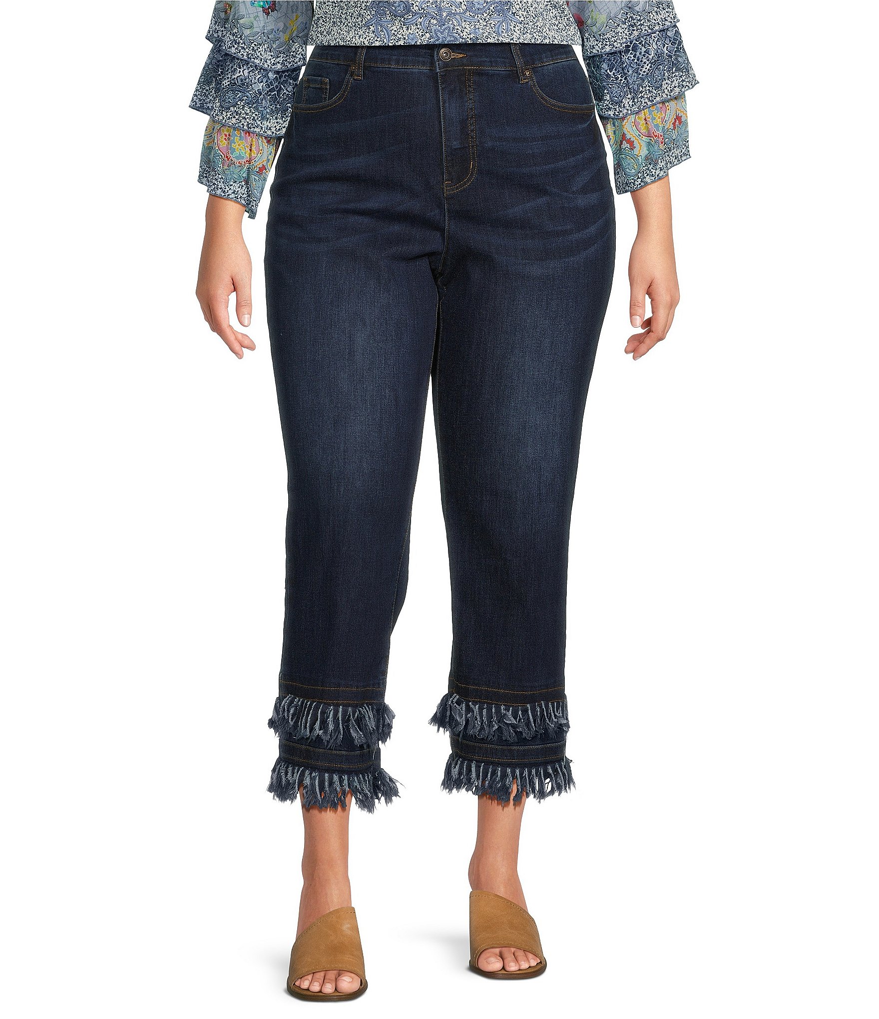 John Mark Plus Size Straight Leg 5-Pocket Fringe Hem Crop