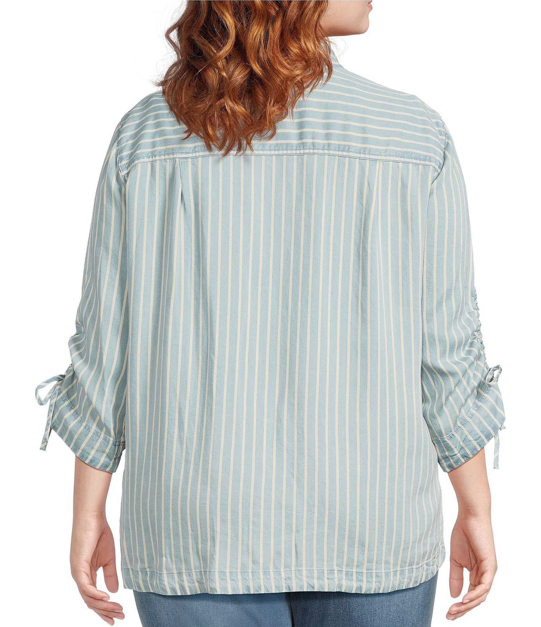 John Mark Plus Size Stripe Wire Collar 3/4 Cinch Tie Sleeve Button Front Blouse