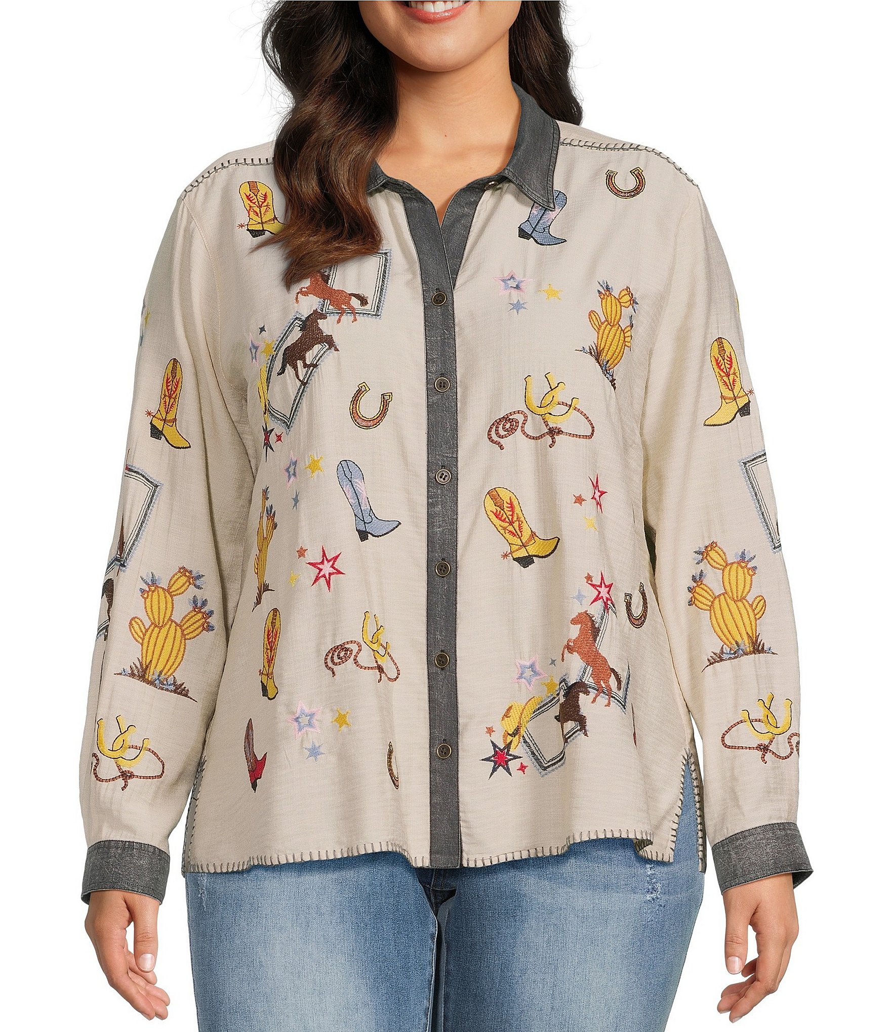 John Mark Plus Size Western Novelty Point Collar Long-Roll Tab Sleeve Snap Front Shirt