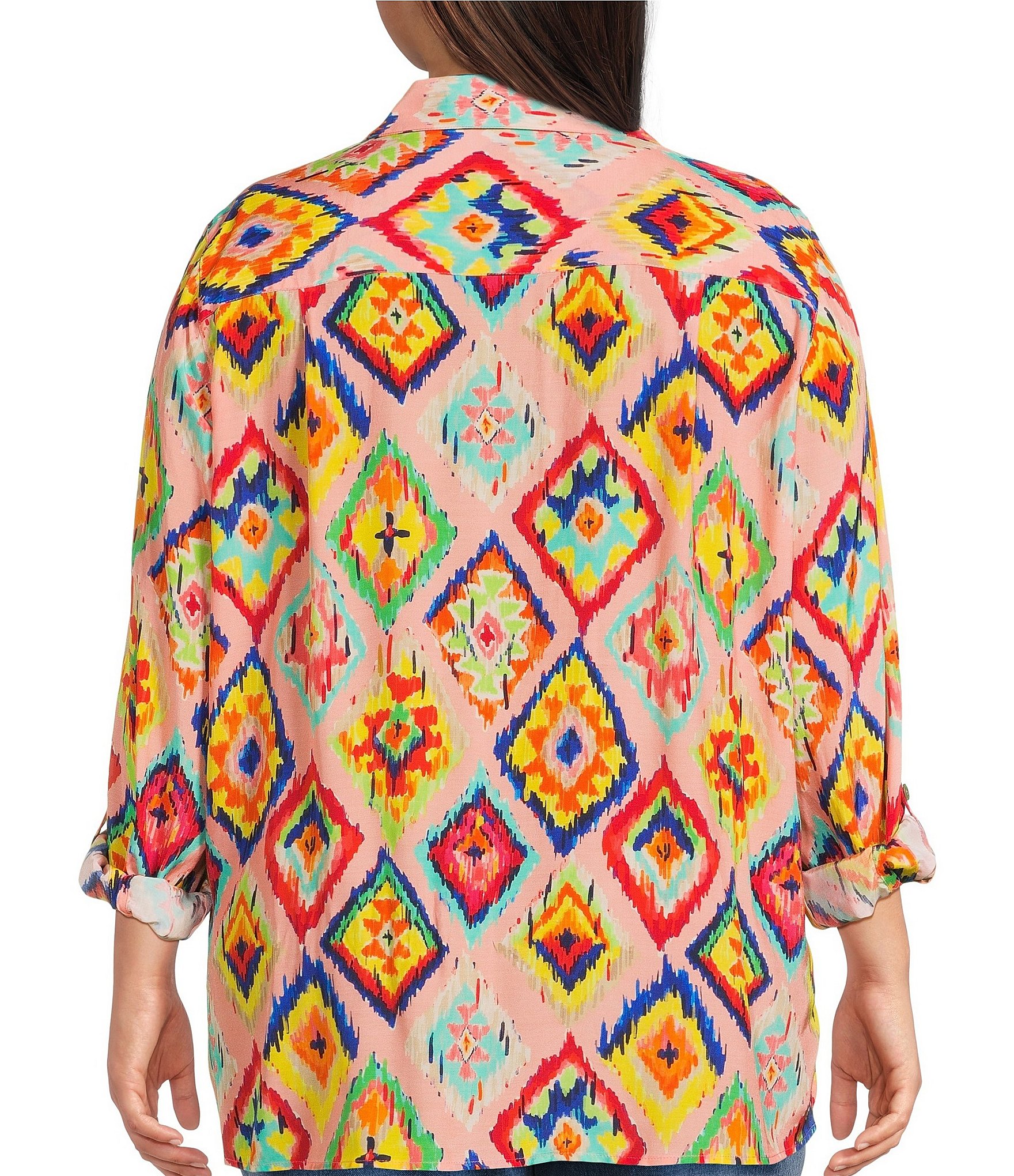 John Mark Plus Size Woven Abstract Diamond Print Point Collar Long Roll-Tab Sleeve Button Front Tunic