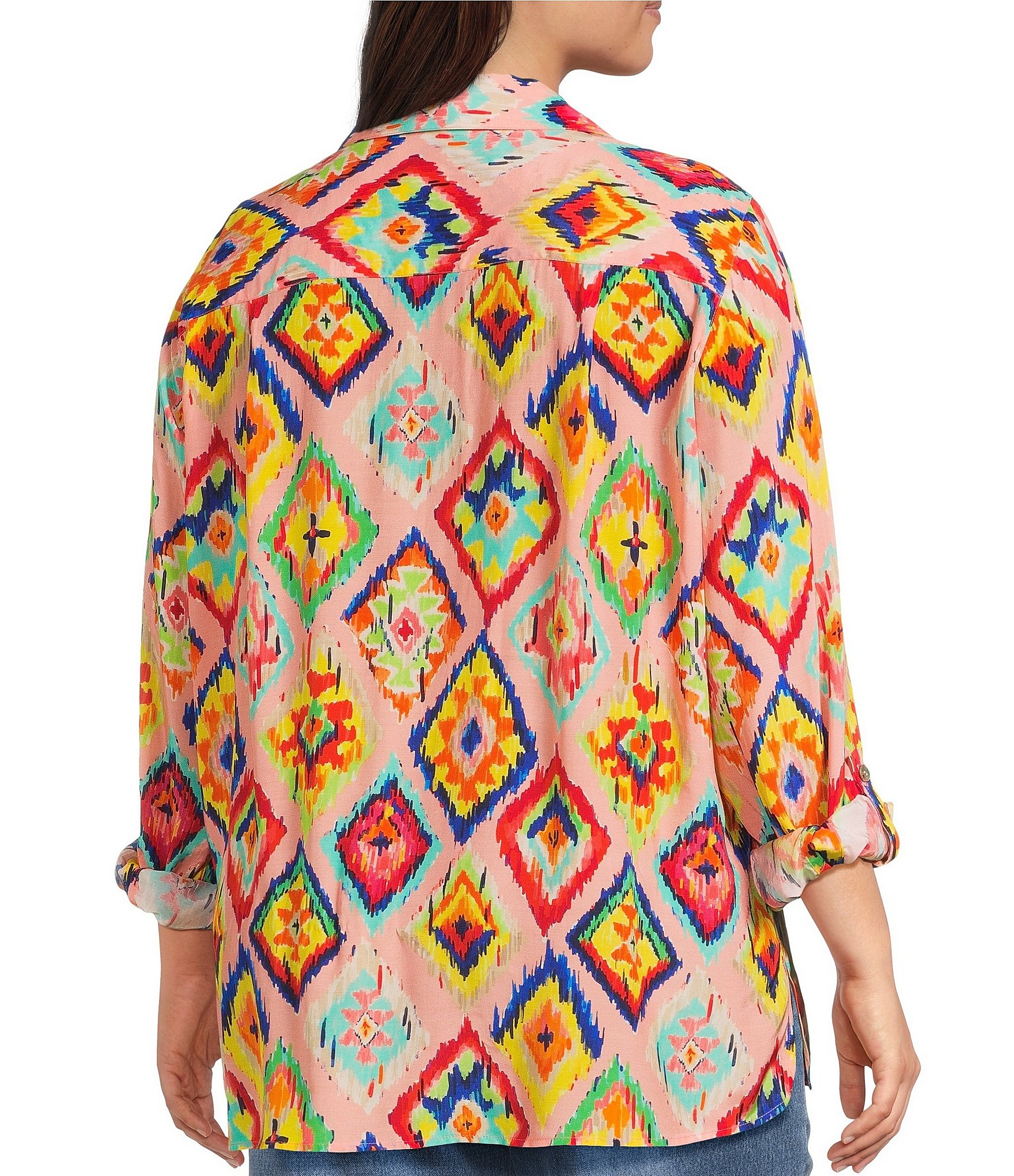 John Mark Plus Size Woven Abstract Diamond Print Point Collar Long Roll-Tab Sleeve Button Front Tunic