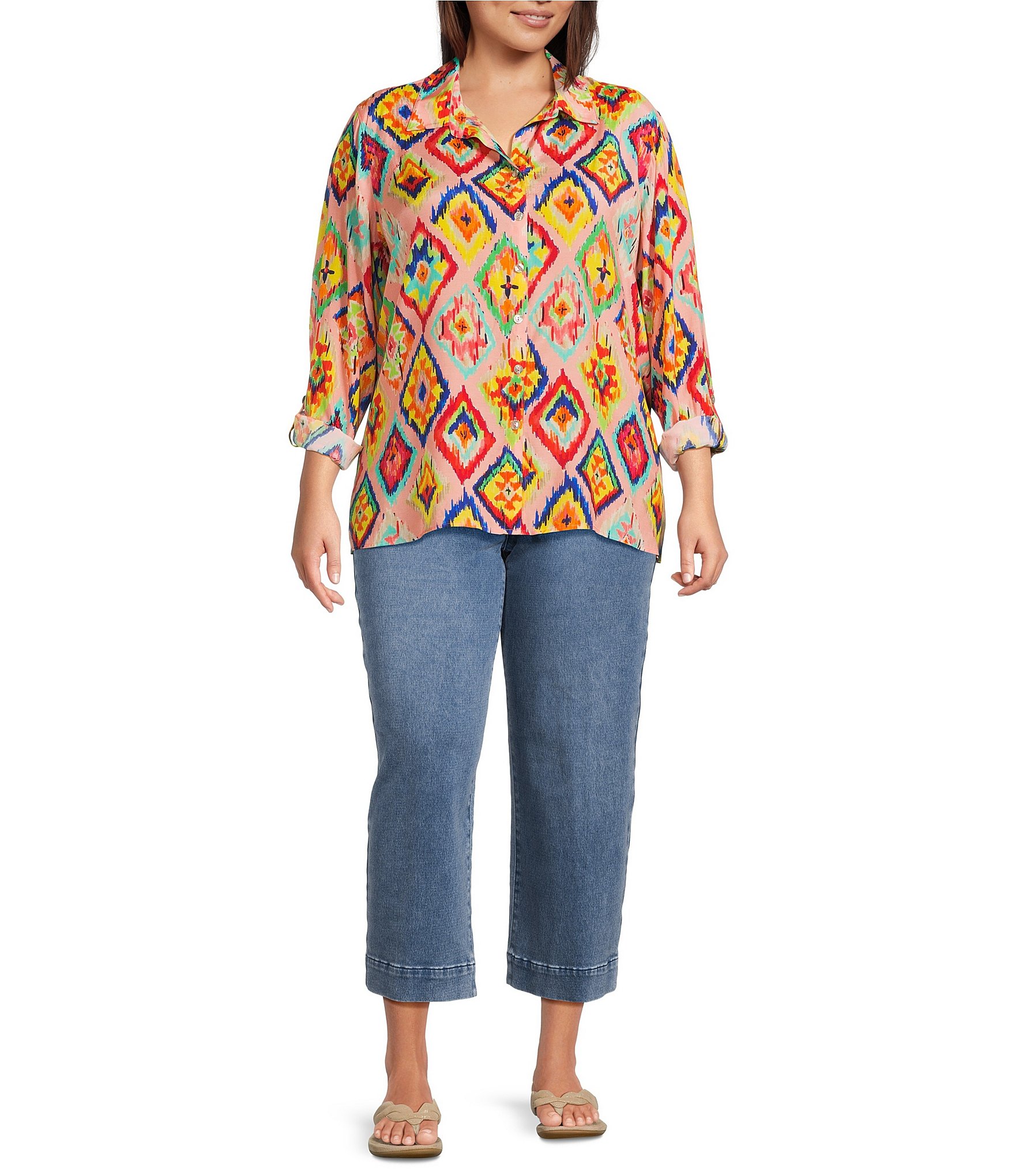 John Mark Plus Size Woven Abstract Diamond Print Point Collar Long Roll-Tab Sleeve Button Front Tunic