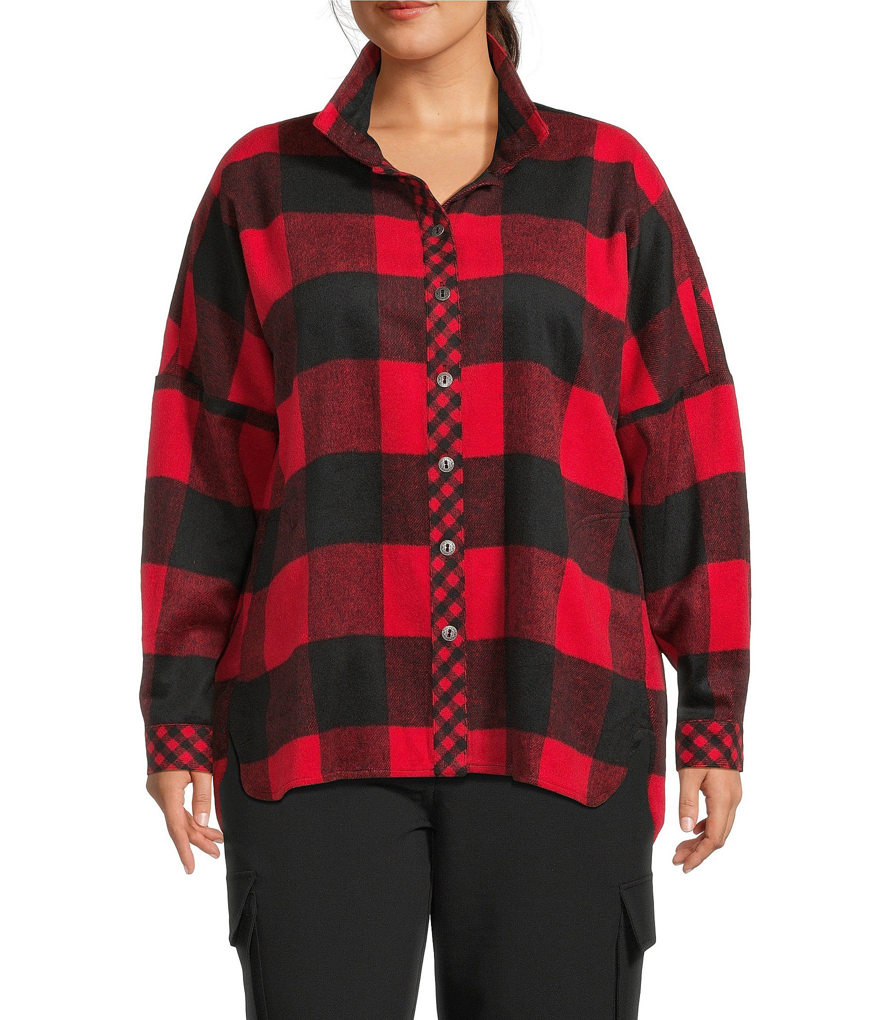 John Mark Plus Size Woven Buffalo Plaid Wire Collar Long Sleeve Hi-Low Hem Button Front Tunic