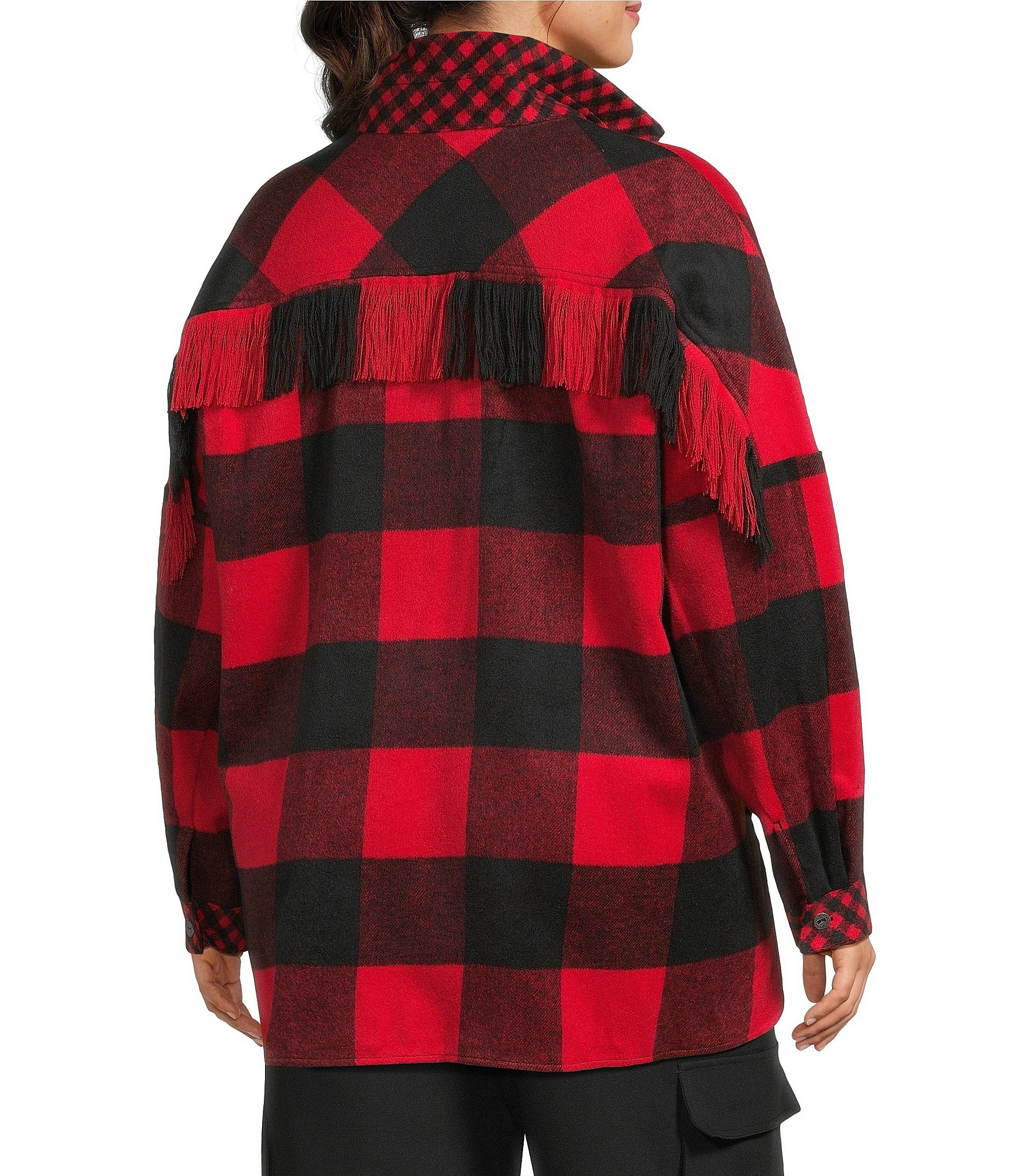 John Mark Plus Size Woven Buffalo Plaid Wire Collar Long Sleeve Hi-Low Hem Button Front Tunic
